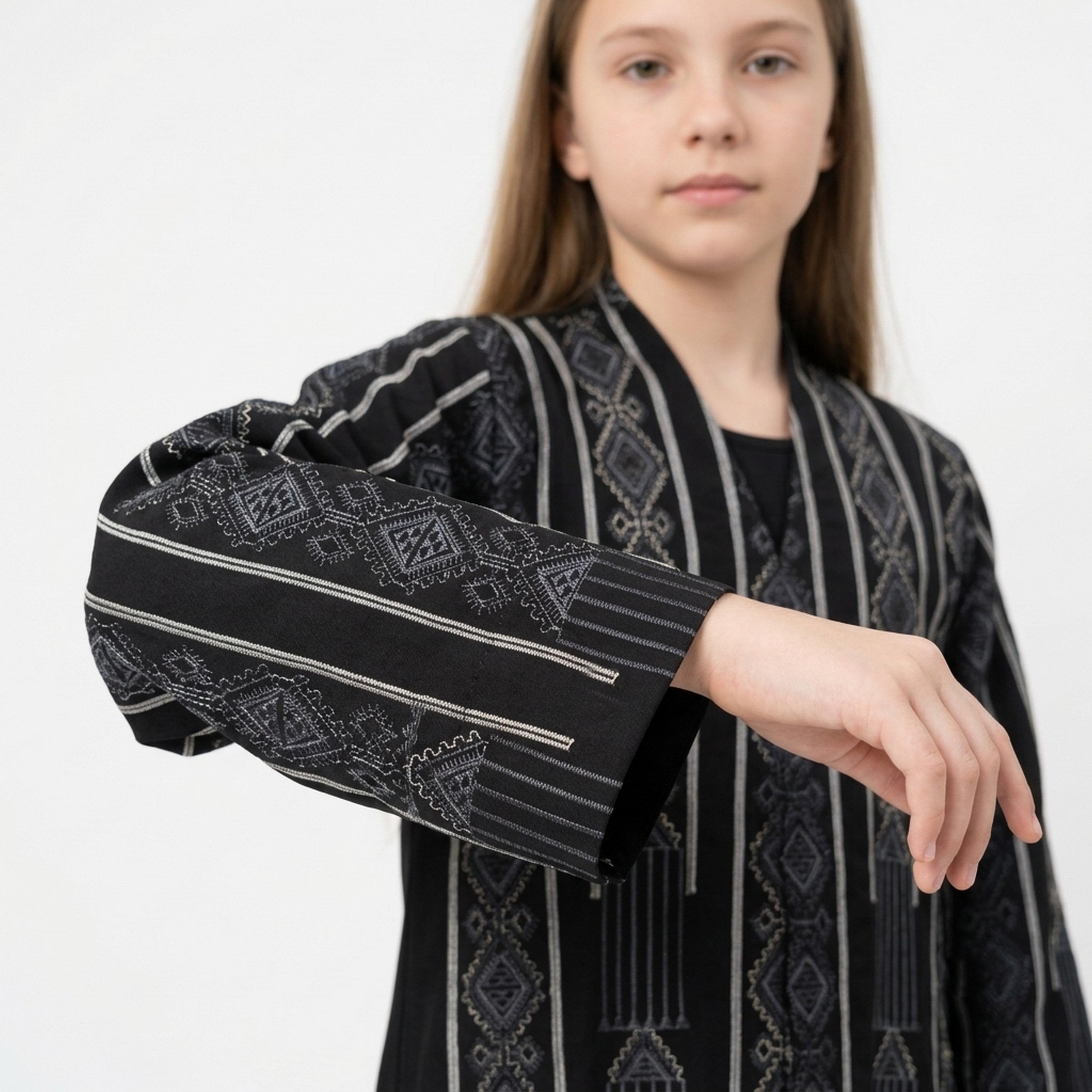 Hawraa Black Geometric Embroidered Linen Girls Abaya with Hijab-girls-arabicclothing-abayas-image-2