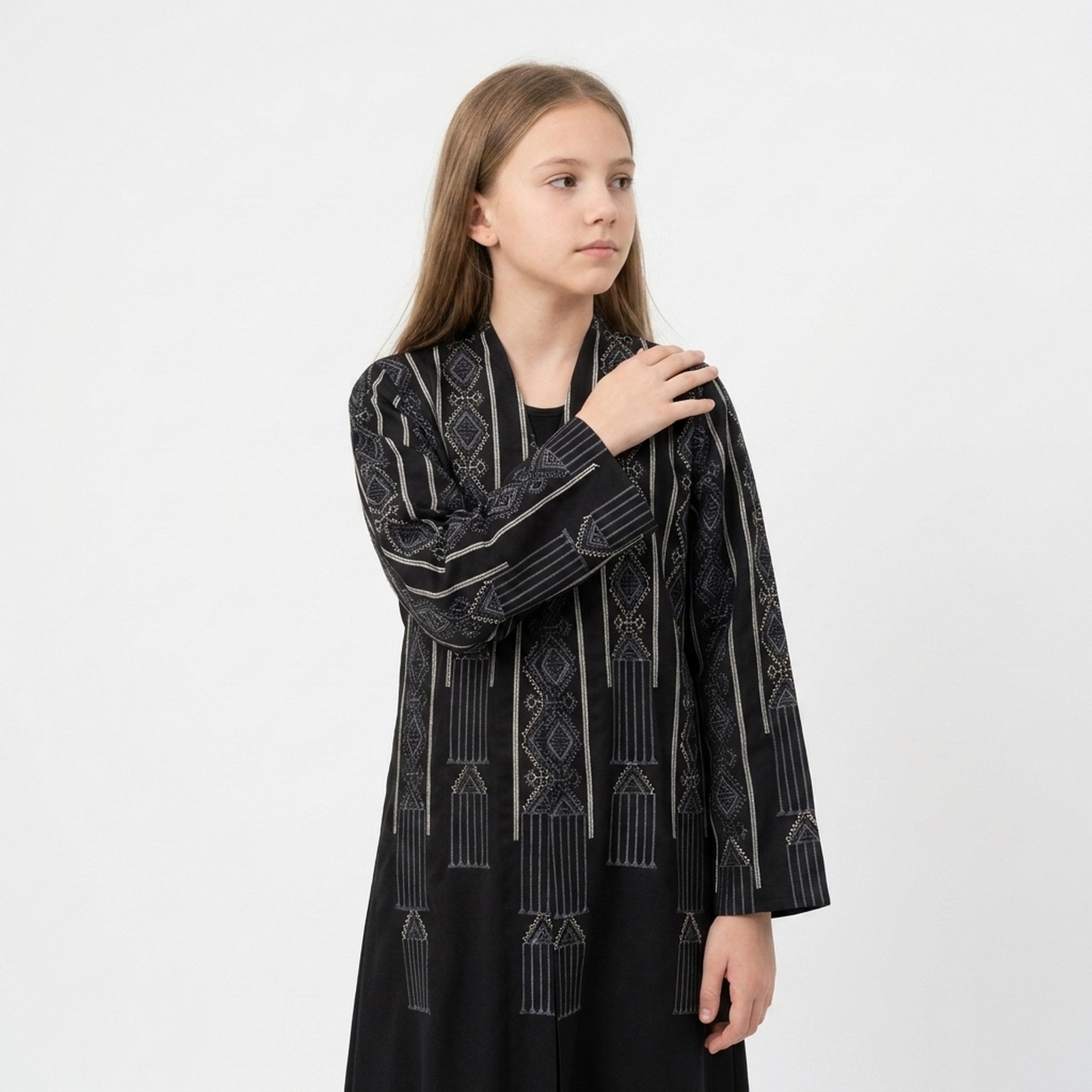 Hawraa Black Geometric Embroidered Linen Girls Abaya with Hijab-girls-arabicclothing-abayas-image-3