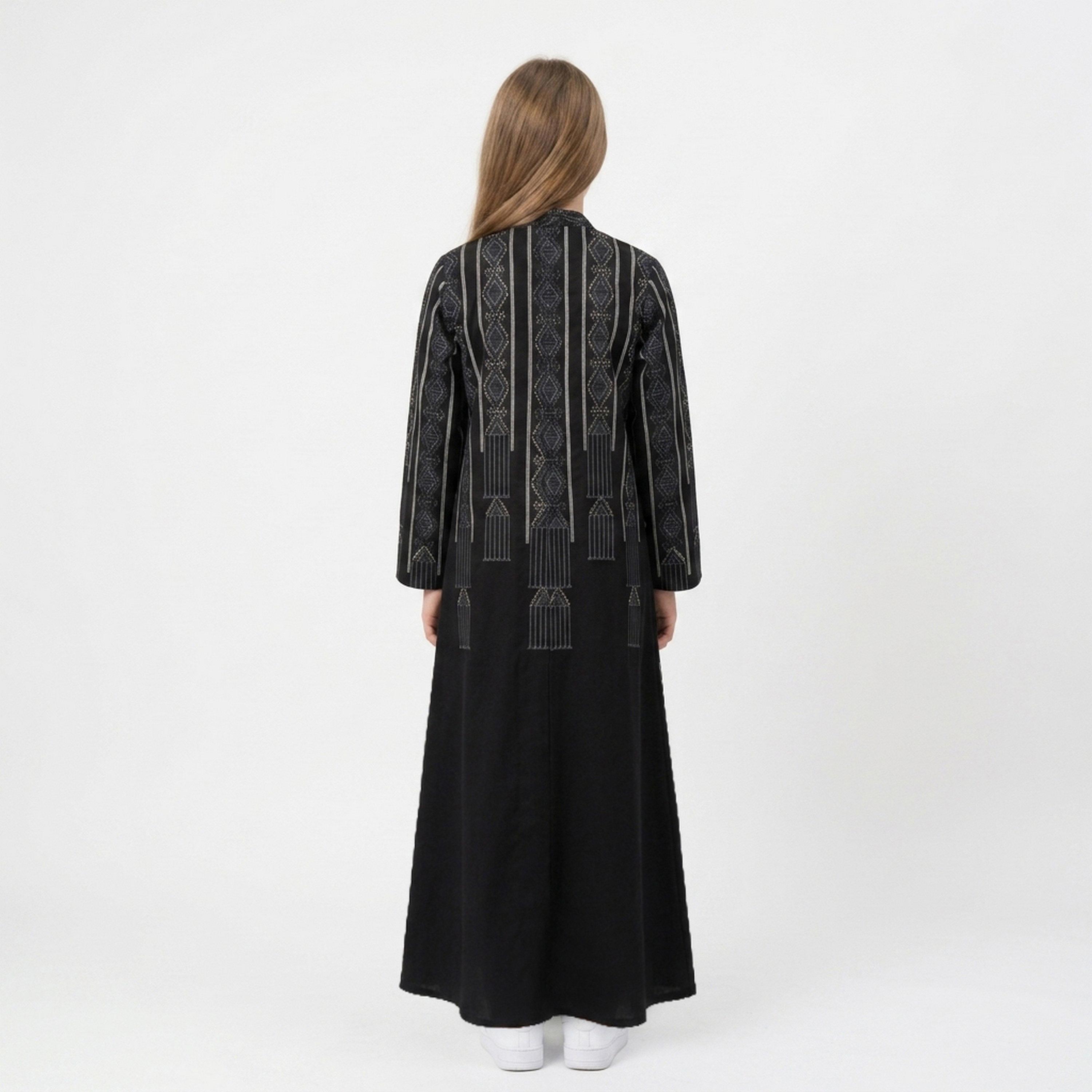 Hawraa Black Geometric Embroidered Linen Girls Abaya with Hijab-girls-arabicclothing-abayas-image-4