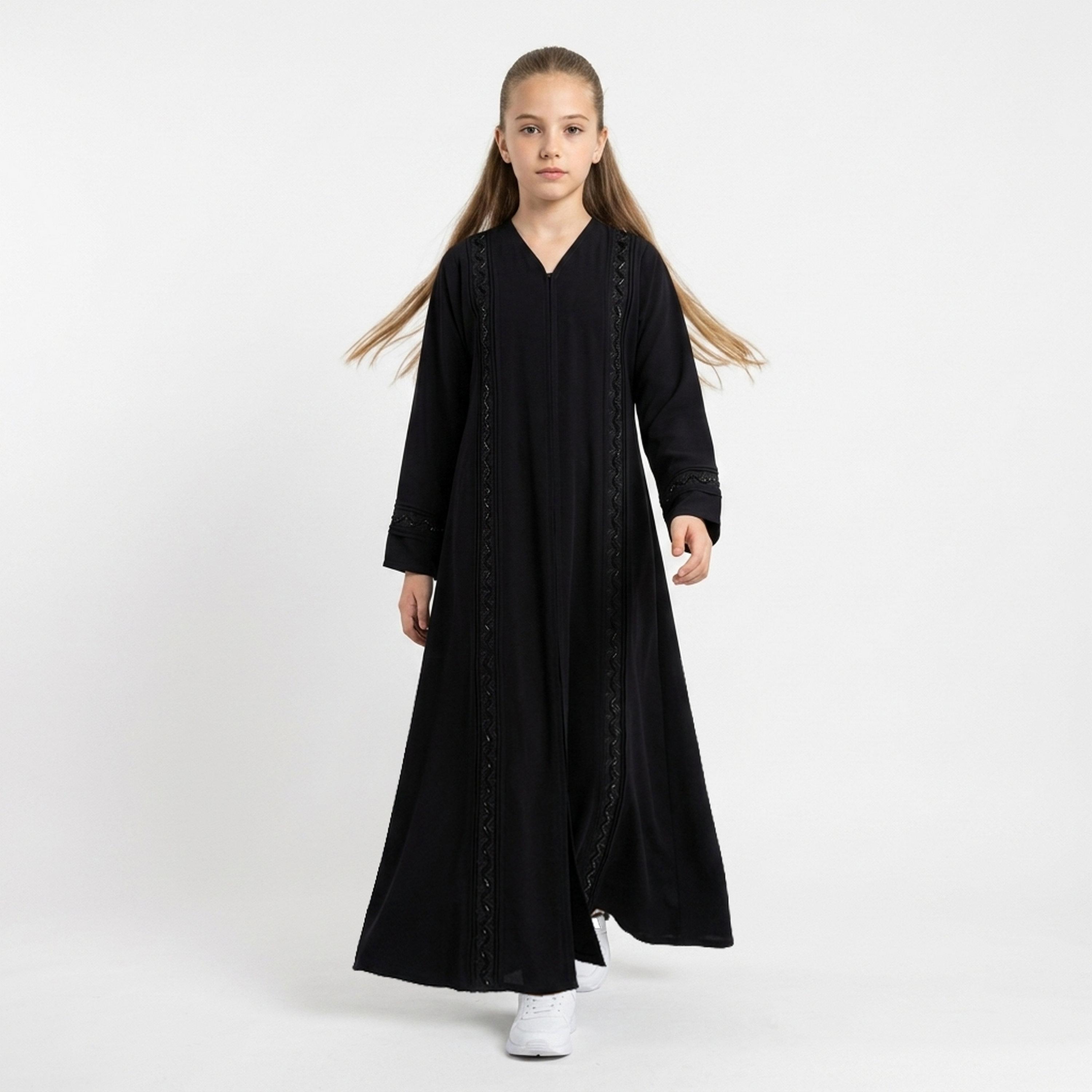 Hawraa Black Beaded & Embroidered Linen Girls Flared Style Abaya with Hijab-girls-arabicclothing-abayas-image-1