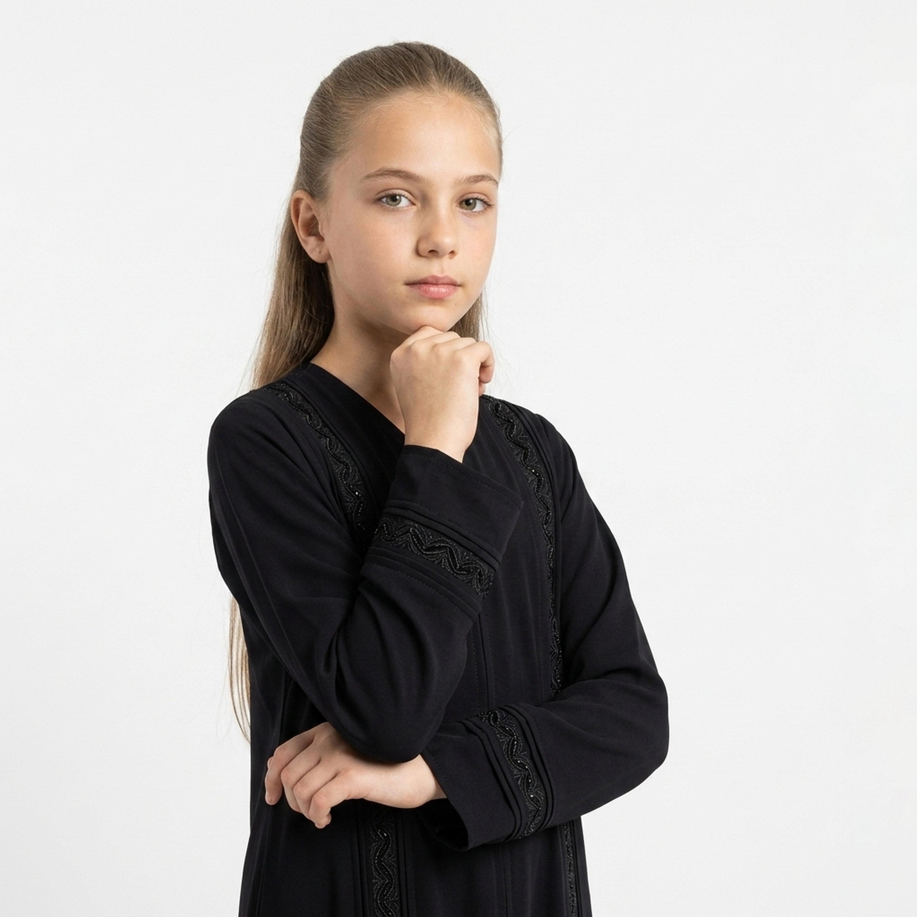Hawraa Black Beaded & Embroidered Linen Girls Flared Style Abaya with Hijab-girls-arabicclothing-abayas-image-2
