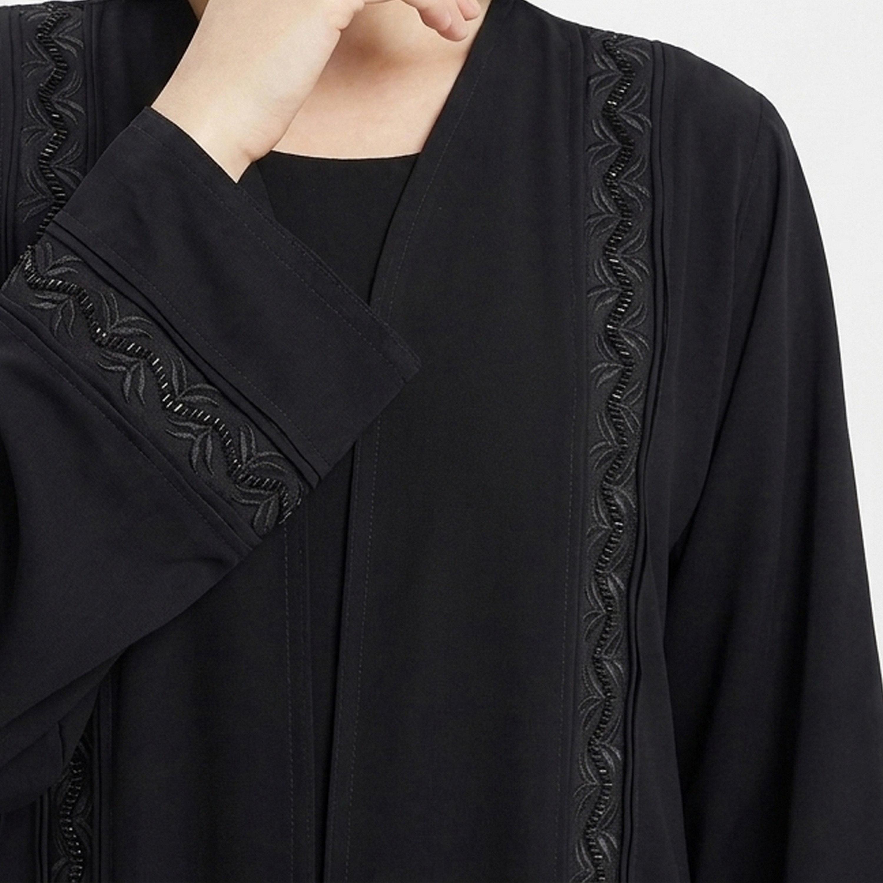 Hawraa Black Beaded & Embroidered Linen Girls Flared Style Abaya with Hijab-girls-arabicclothing-abayas-image-3