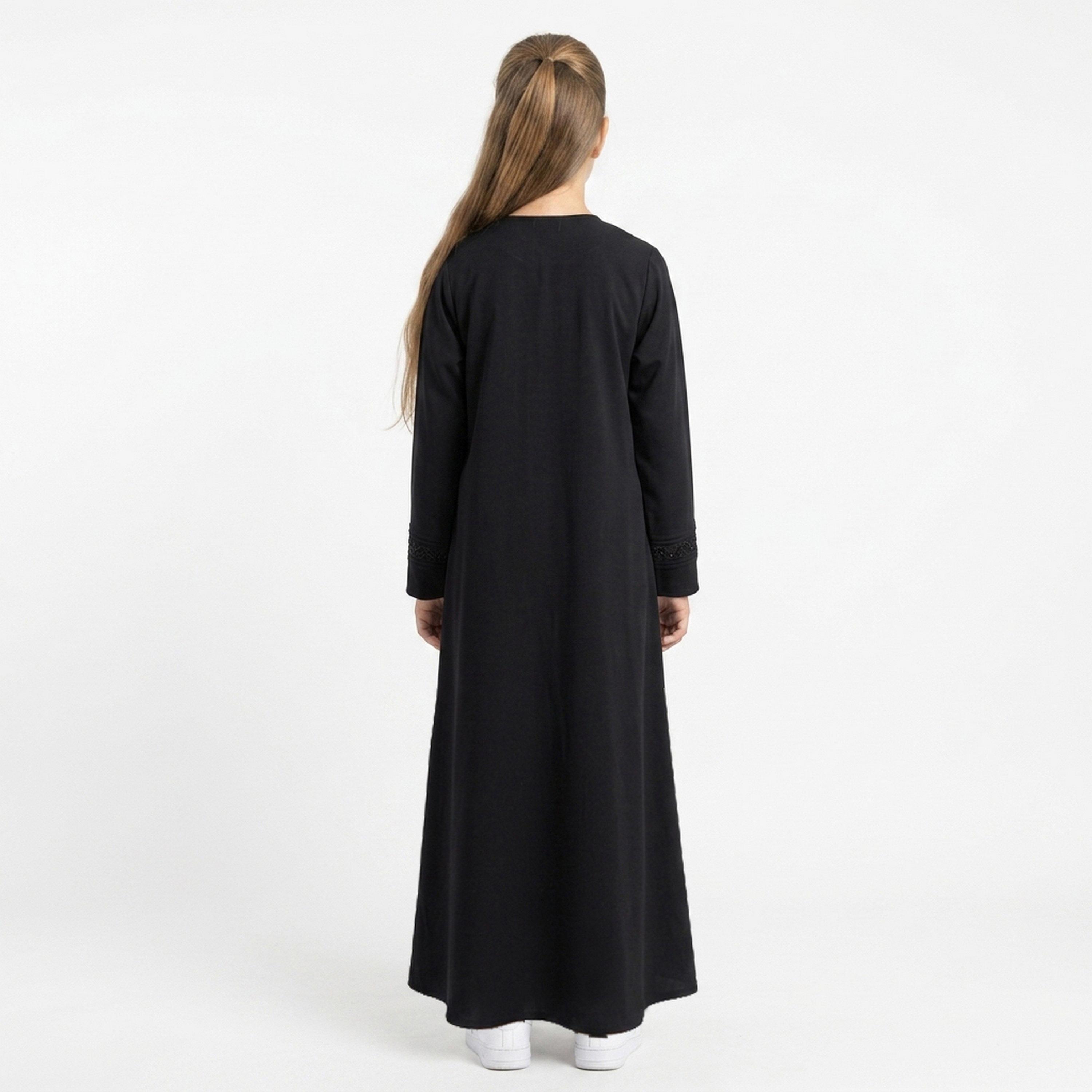 Hawraa Black Beaded & Embroidered Linen Girls Flared Style Abaya with Hijab-girls-arabicclothing-abayas-image-4