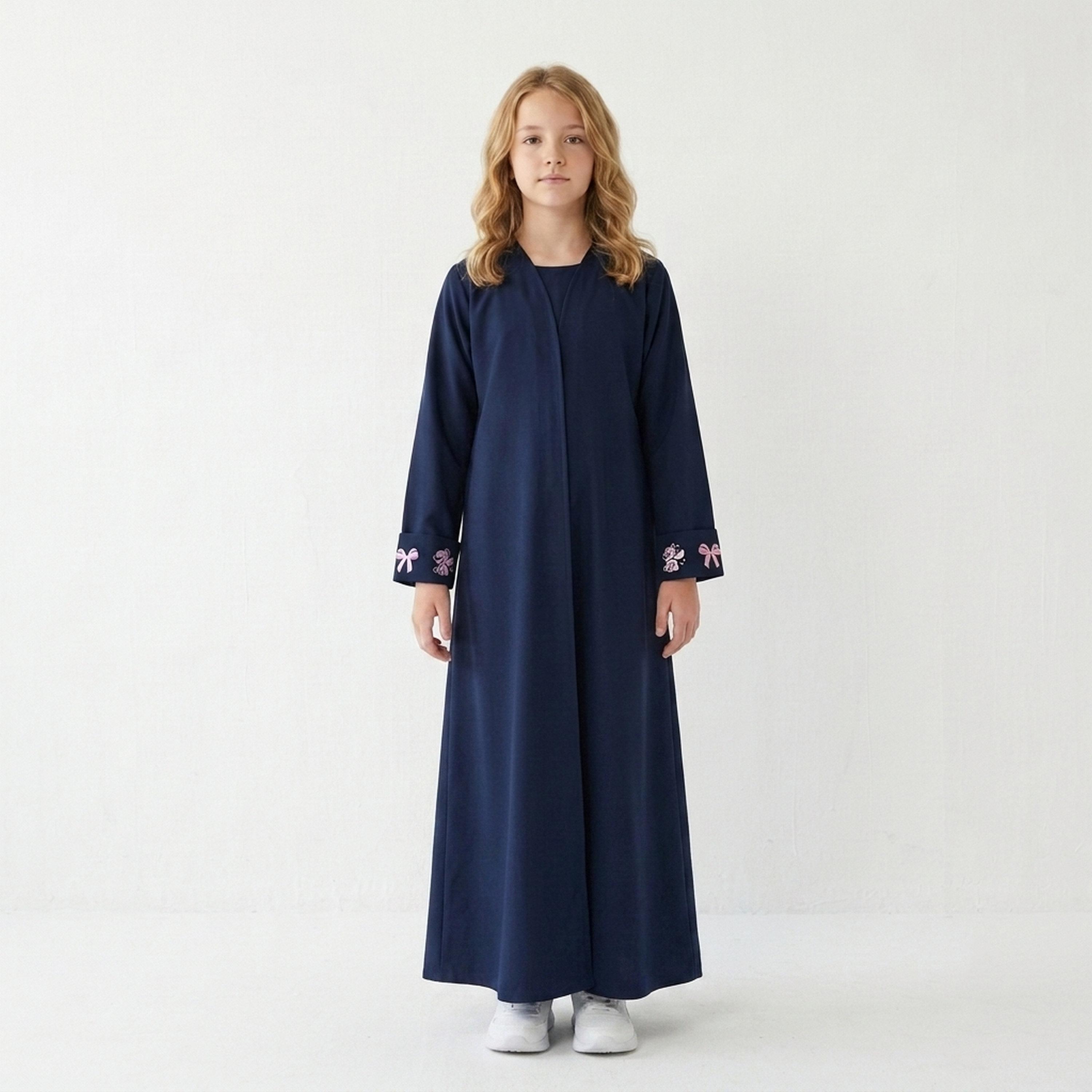 Hawraa Navy Blue Bow Embroidered Sleeves Linen Girls Abaya with Hijab-girls-arabicclothing-abayas-image-1