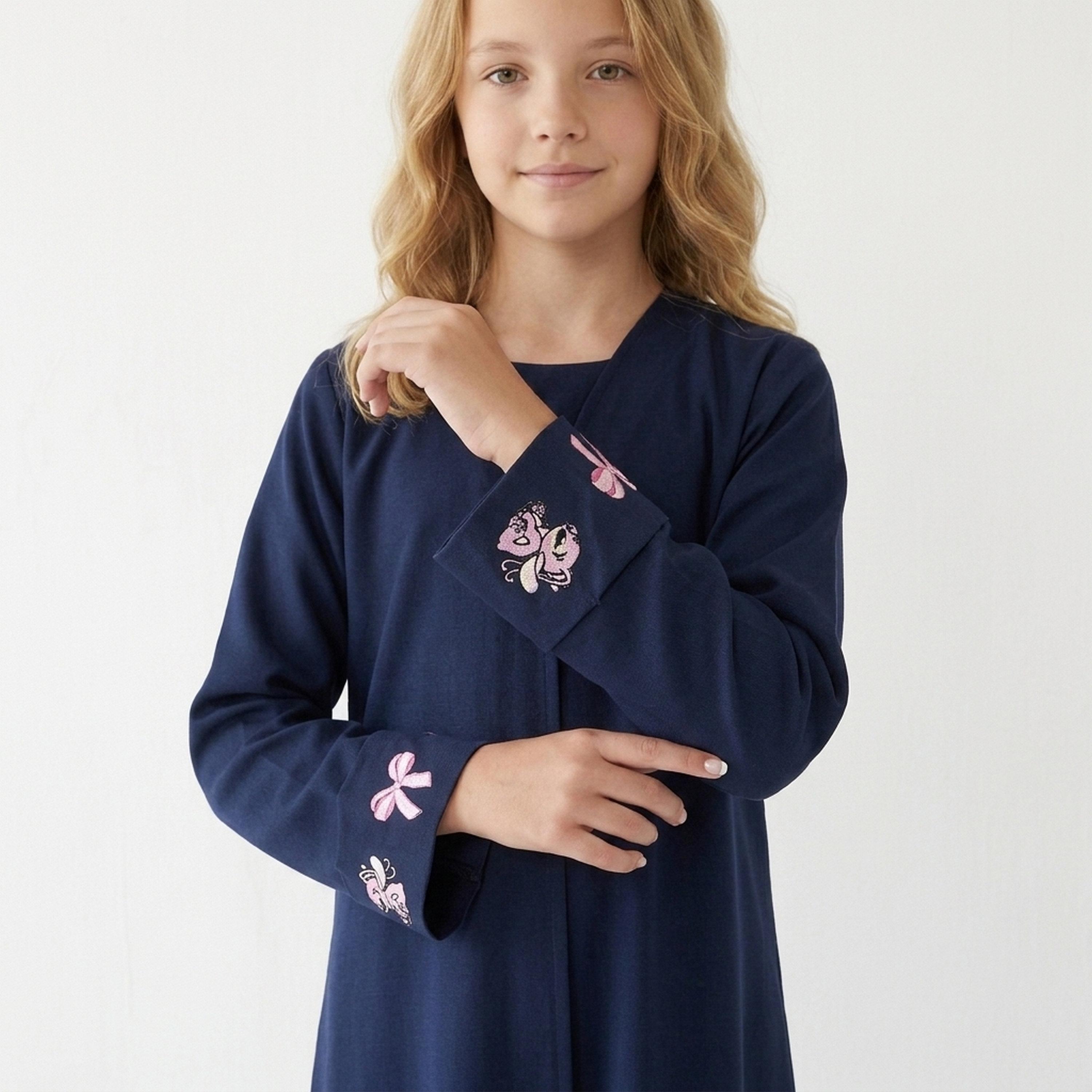 Hawraa Navy Blue Bow Embroidered Sleeves Linen Girls Abaya with Hijab-girls-arabicclothing-abayas-image-2