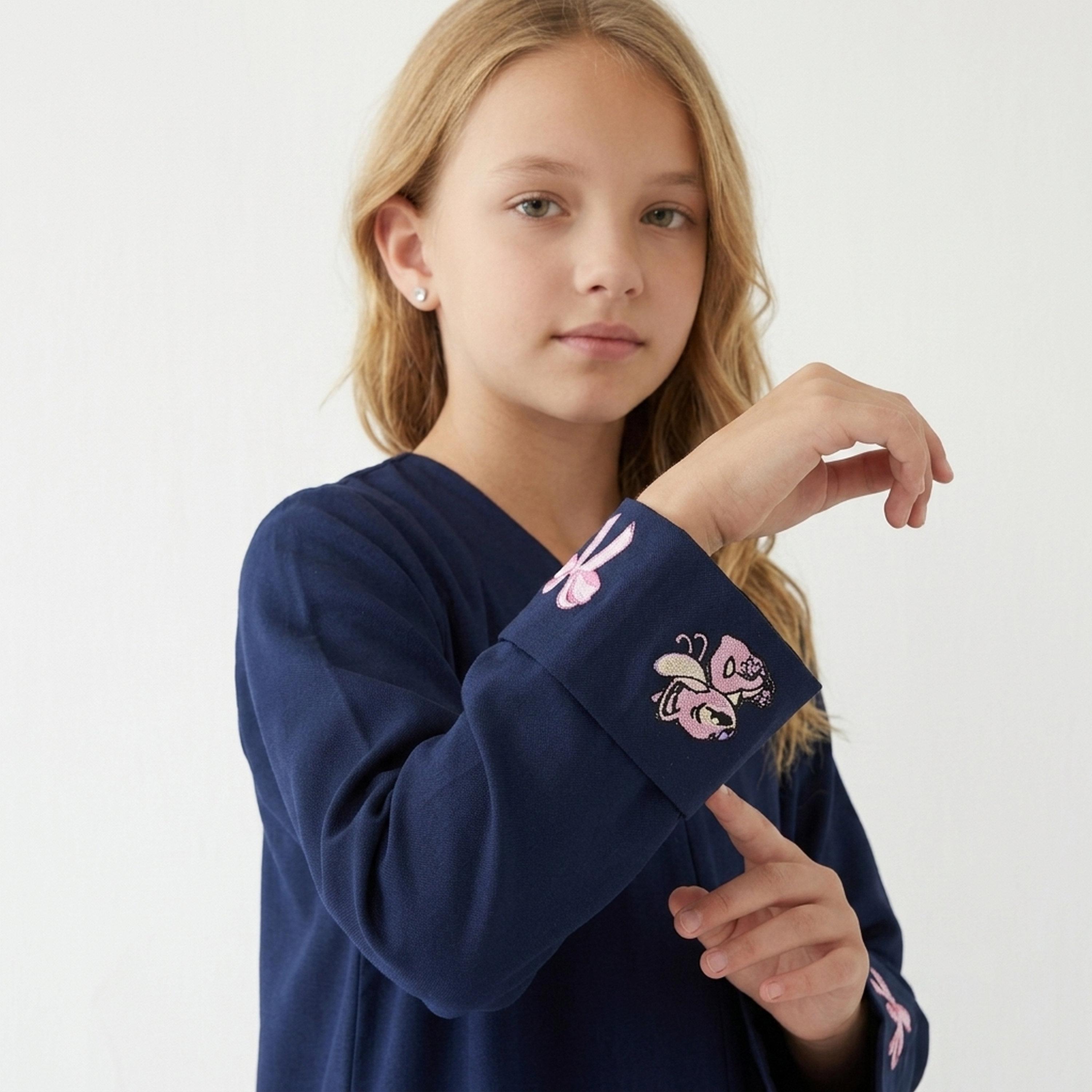 Hawraa Navy Blue Bow Embroidered Sleeves Linen Girls Abaya with Hijab-girls-arabicclothing-abayas-image-3