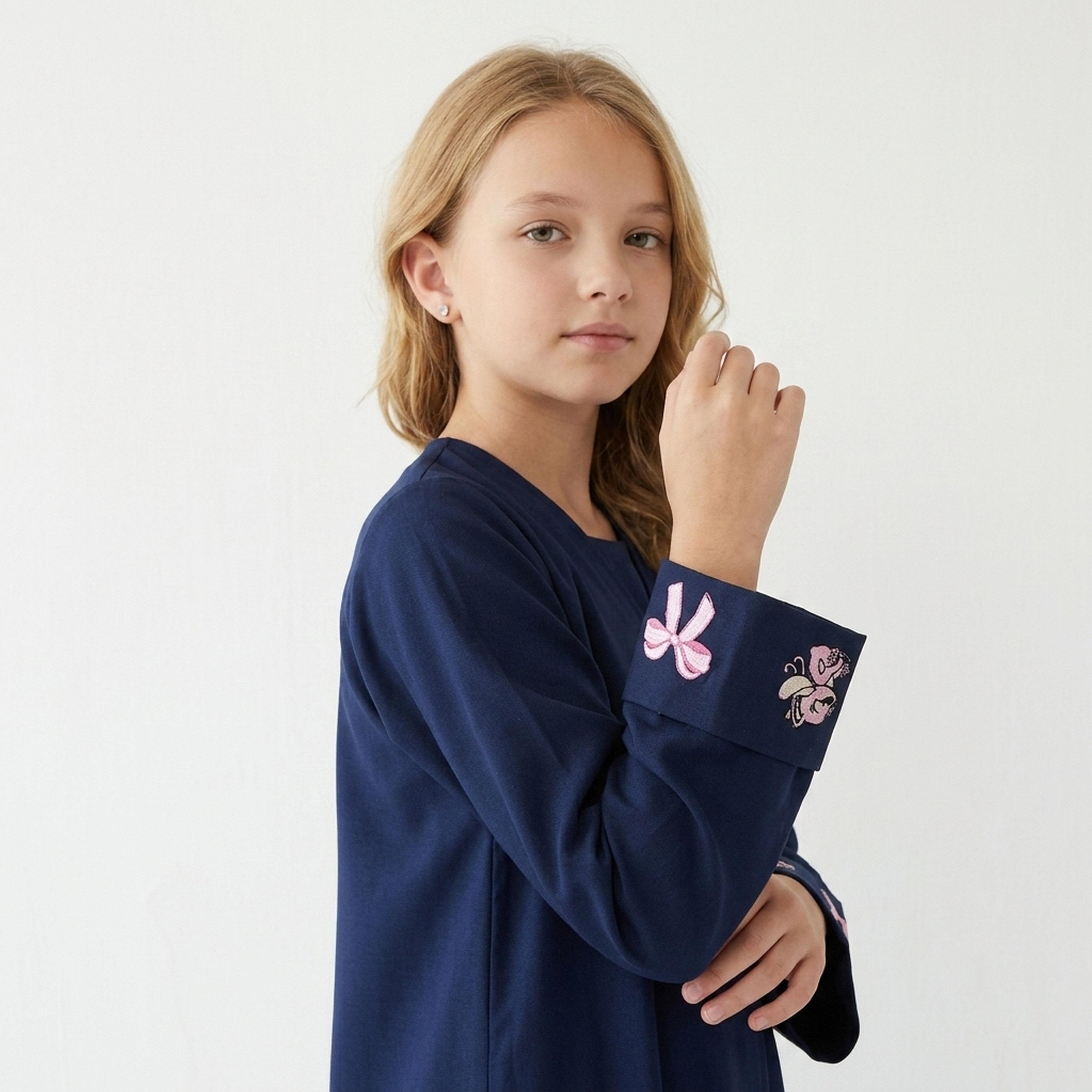 Hawraa Navy Blue Bow Embroidered Sleeves Linen Girls Abaya with Hijab-girls-arabicclothing-abayas-image-4
