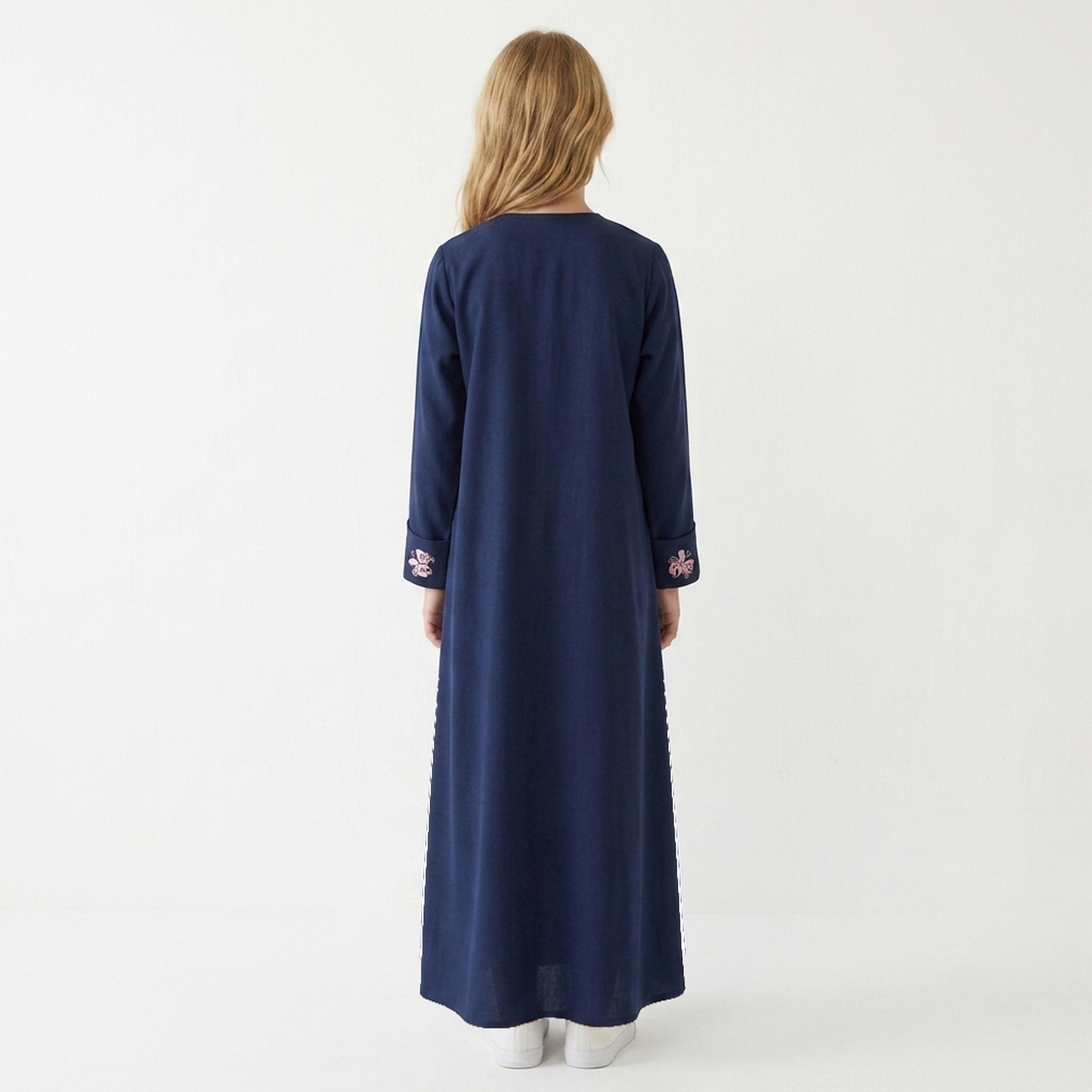 Hawraa Navy Blue Bow Embroidered Sleeves Linen Girls Abaya with Hijab-girls-arabicclothing-abayas-image-5