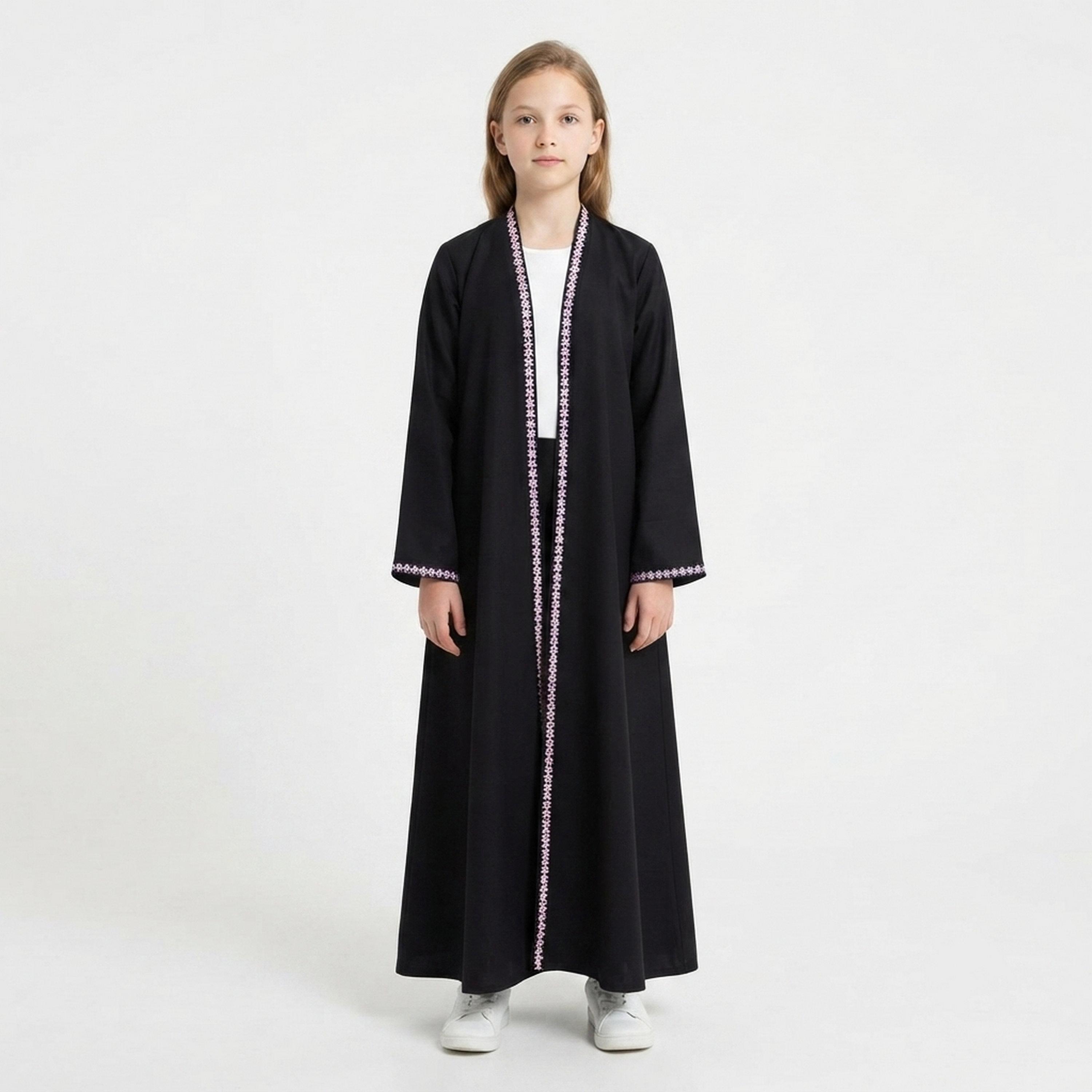 Hawraa Black Embroidered Linen Girls Abaya with Hijab-girls-arabicclothing-abayas-image-1