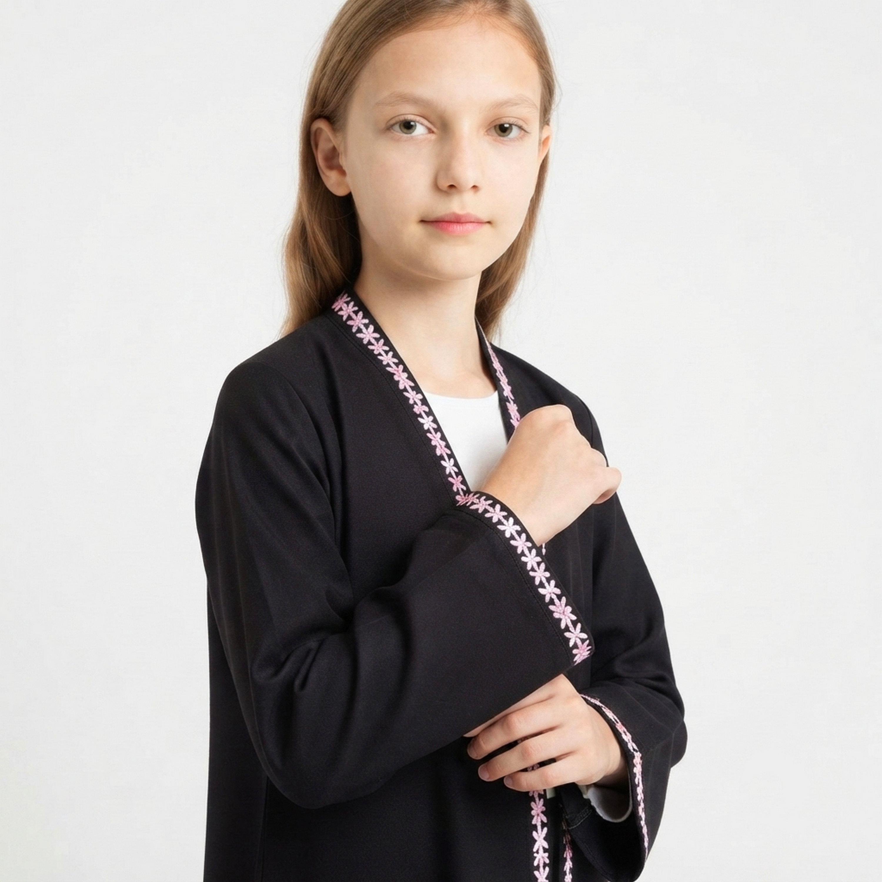 Hawraa Black Embroidered Linen Girls Abaya with Hijab-girls-arabicclothing-abayas-image-2