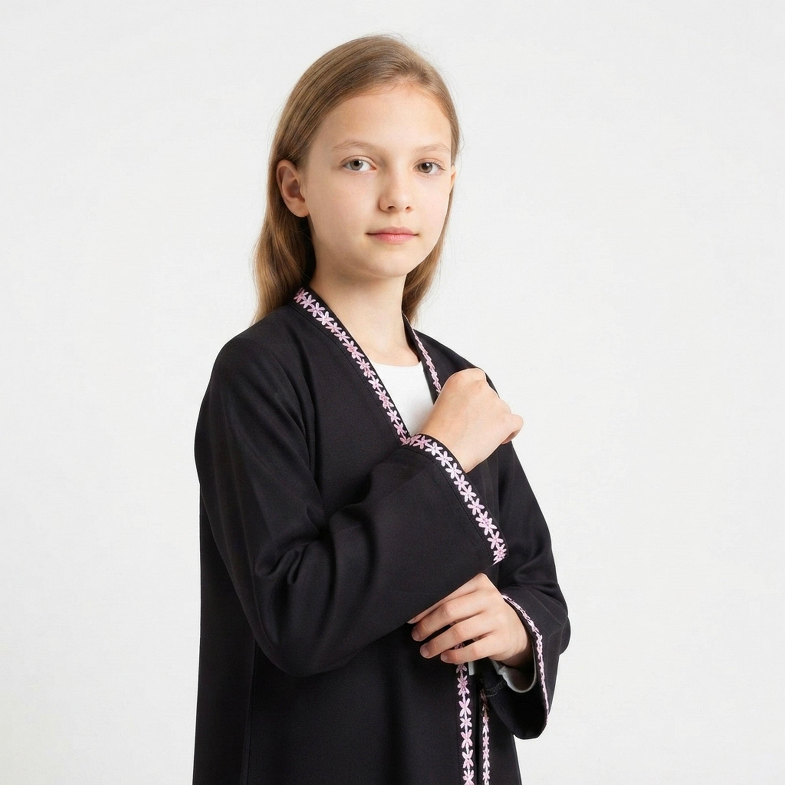 Hawraa Black Embroidered Linen Girls Abaya with Hijab-girls-arabicclothing-abayas-image-3