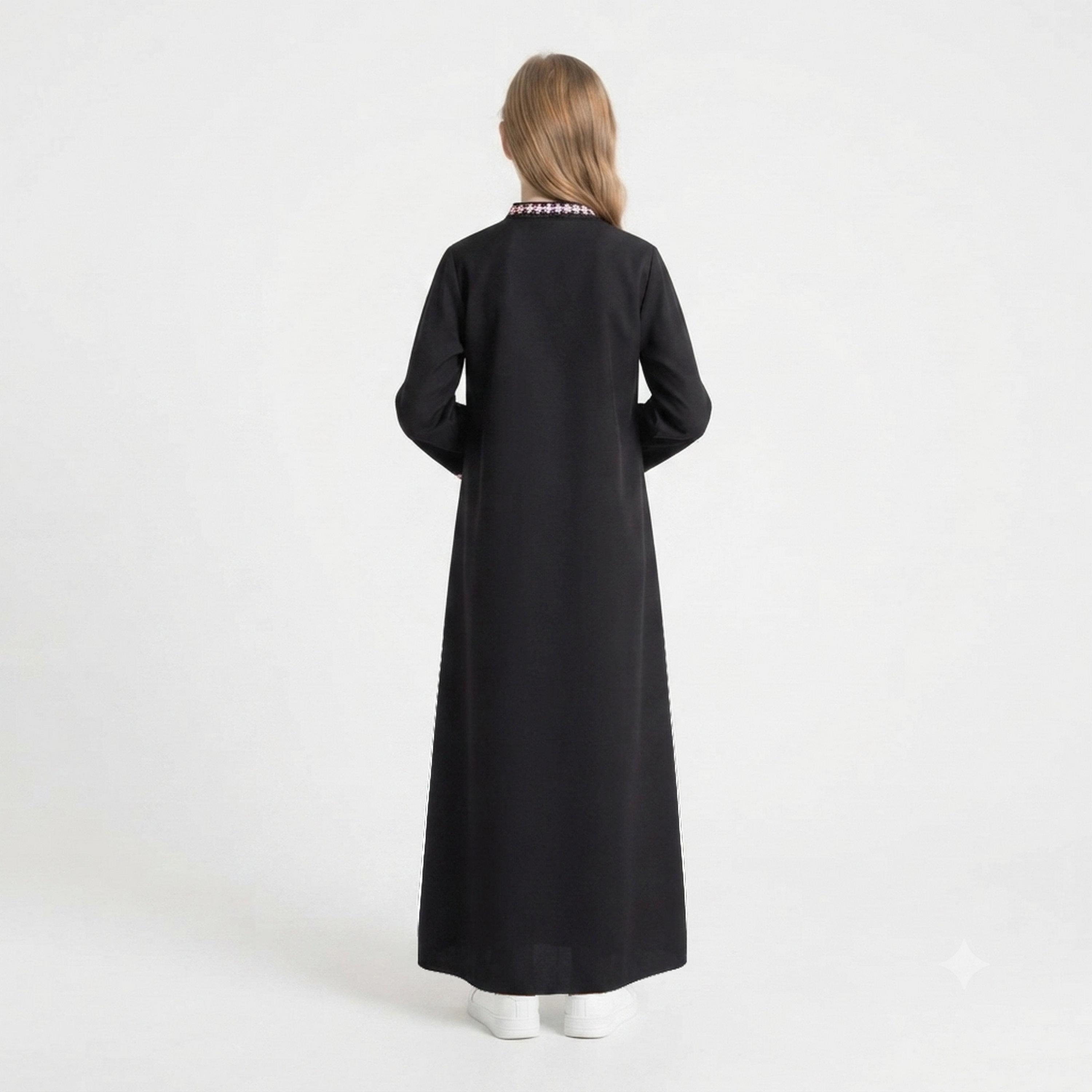 Hawraa Black Embroidered Linen Girls Abaya with Hijab-girls-arabicclothing-abayas-image-5