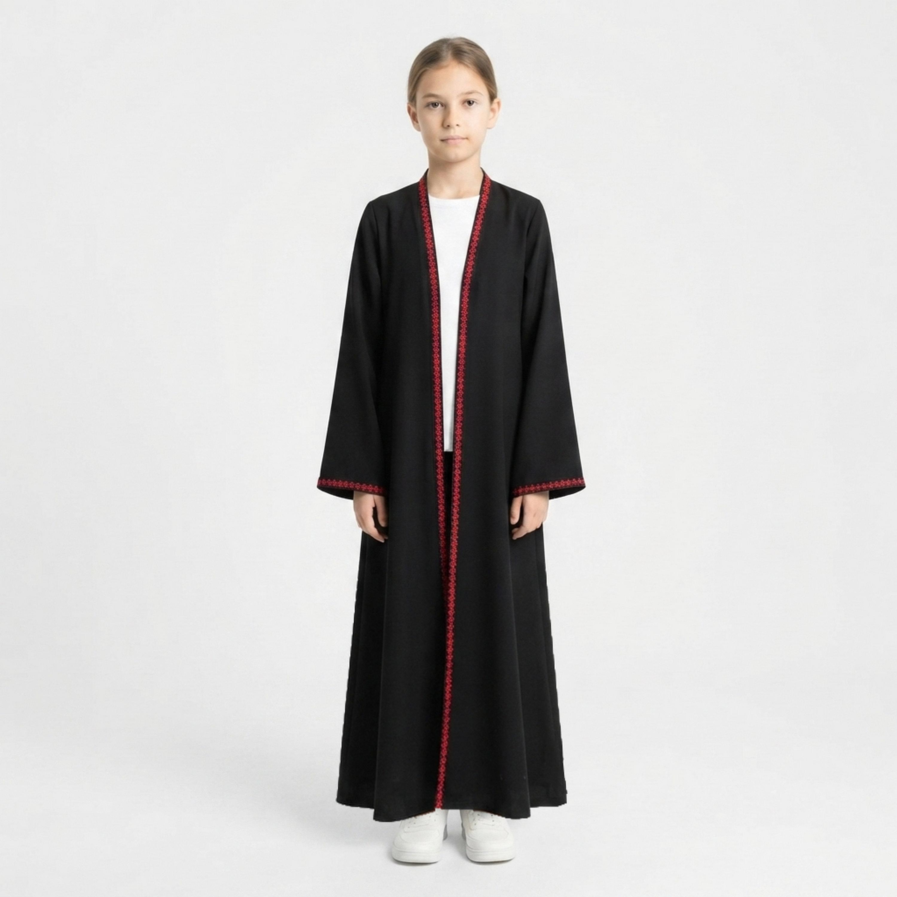 Hawraa Black Embroidered Linen Girls Abaya with Hijab-girls-arabicclothing-abayas-image-1
