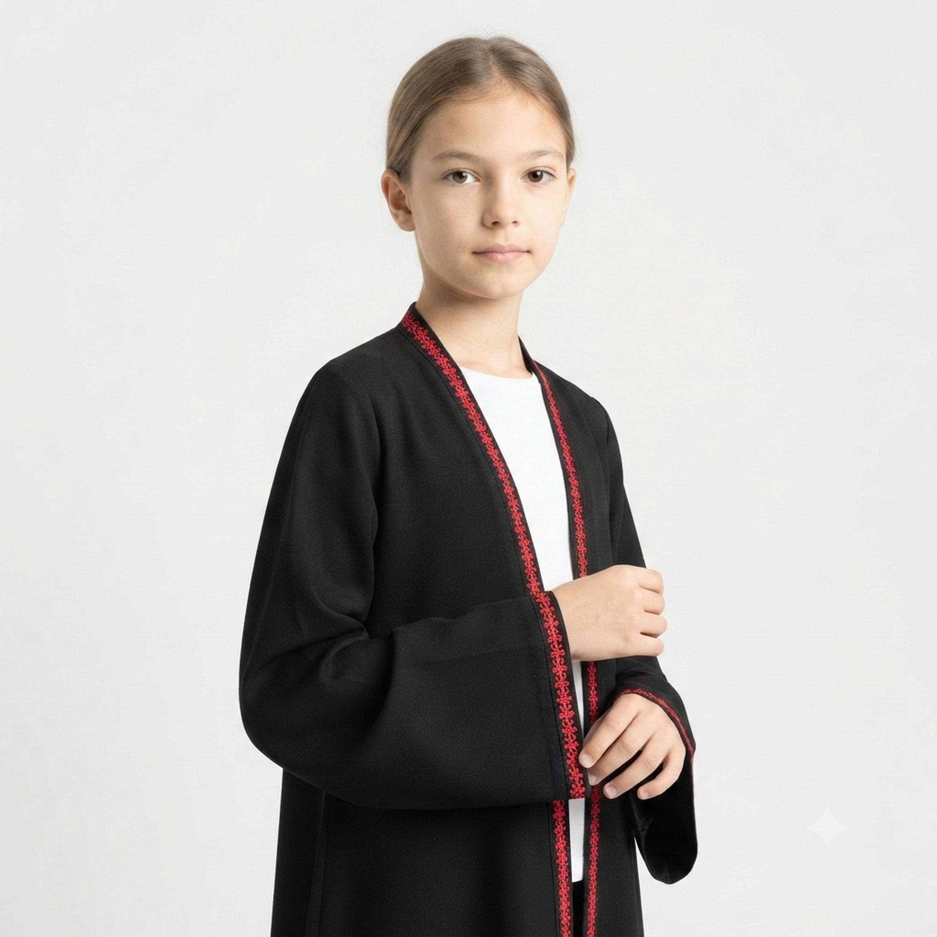 Hawraa Black Embroidered Linen Girls Abaya with Hijab-girls-arabicclothing-abayas-image-2