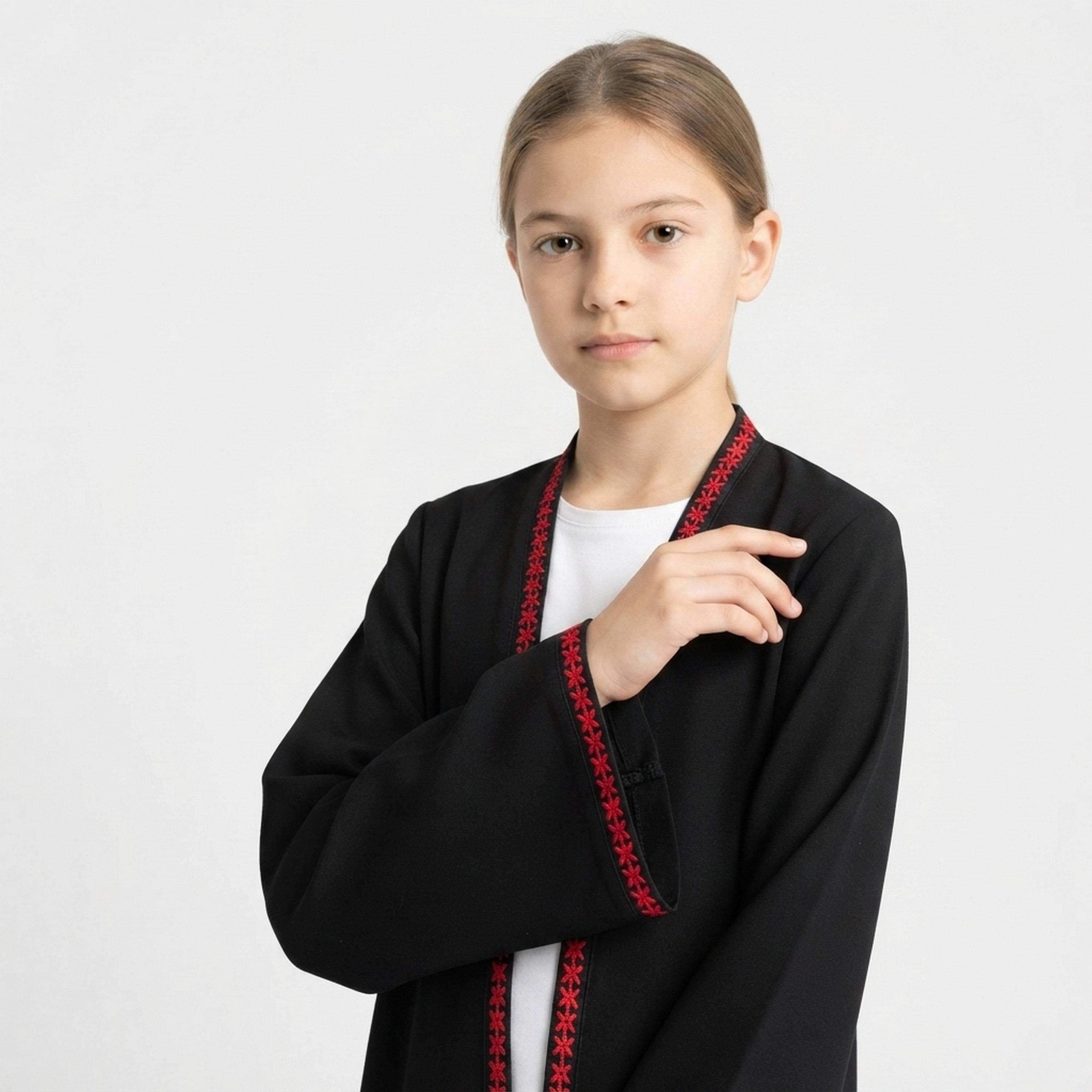 Hawraa Black Embroidered Linen Girls Abaya with Hijab-girls-arabicclothing-abayas-image-3