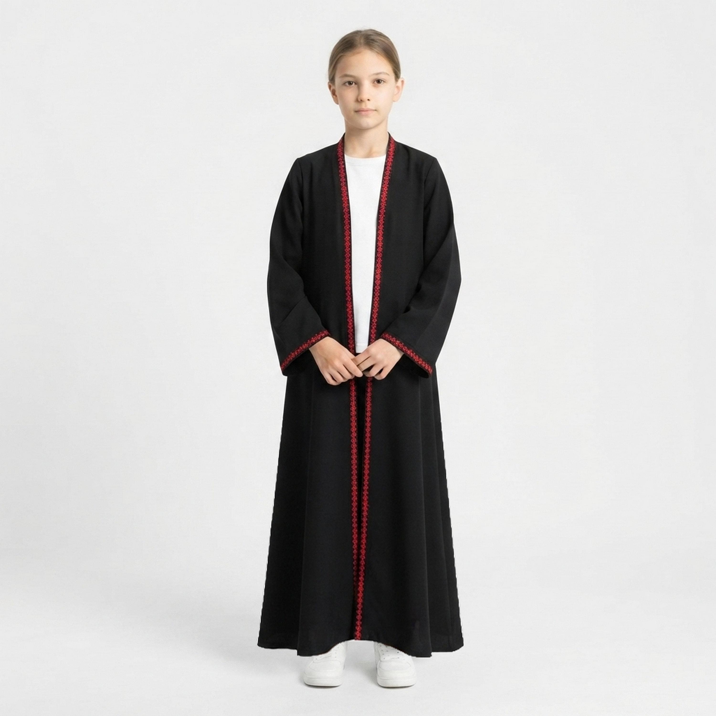 Hawraa Black Embroidered Linen Girls Abaya with Hijab-girls-arabicclothing-abayas-image-4