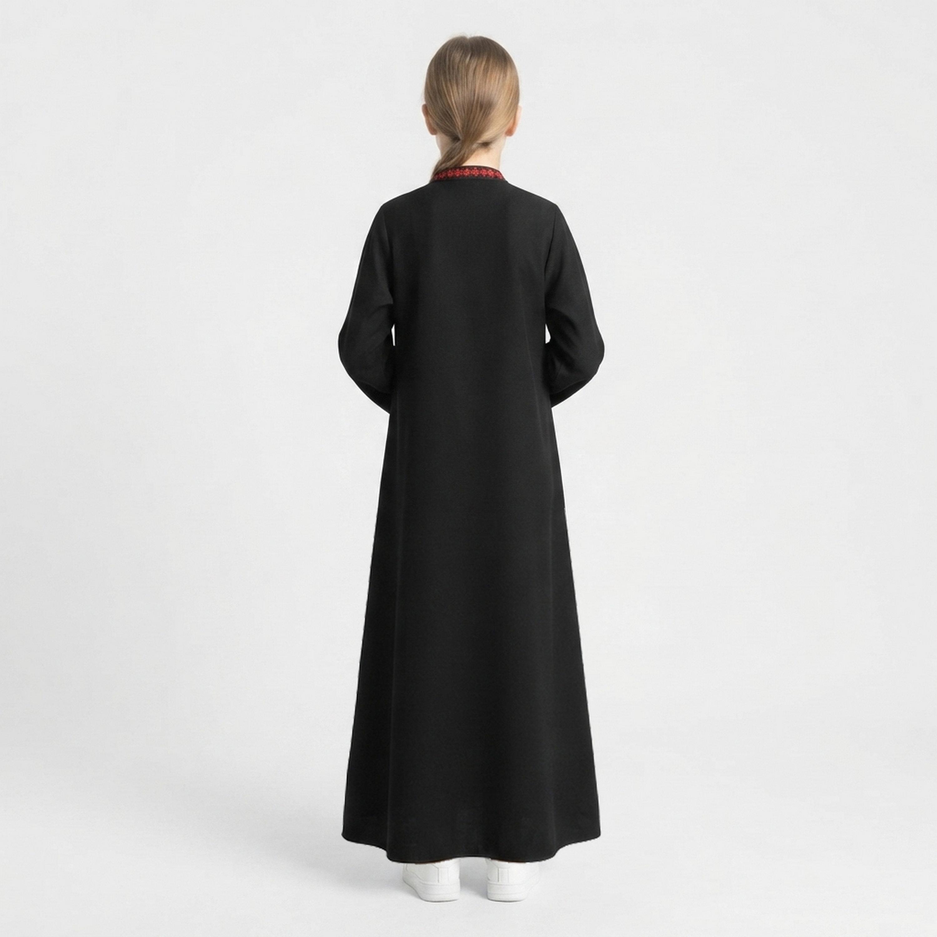 Hawraa Black Embroidered Linen Girls Abaya with Hijab-girls-arabicclothing-abayas-image-5