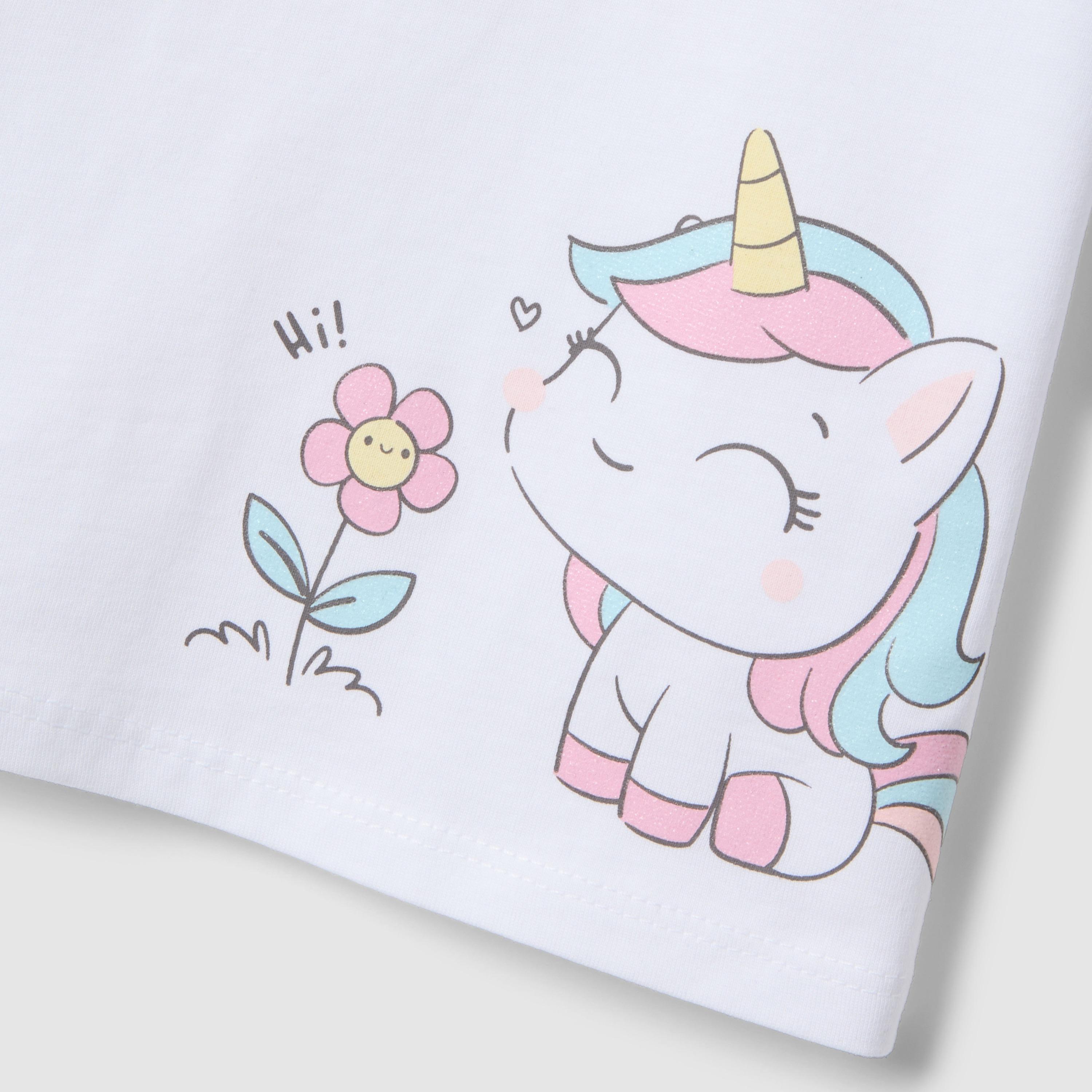 تيشيرت مطبوع أكمام قصيرة بتصميم يونيكورن مع زهور من أو في إس-girls-clothing-tshirts-image-3