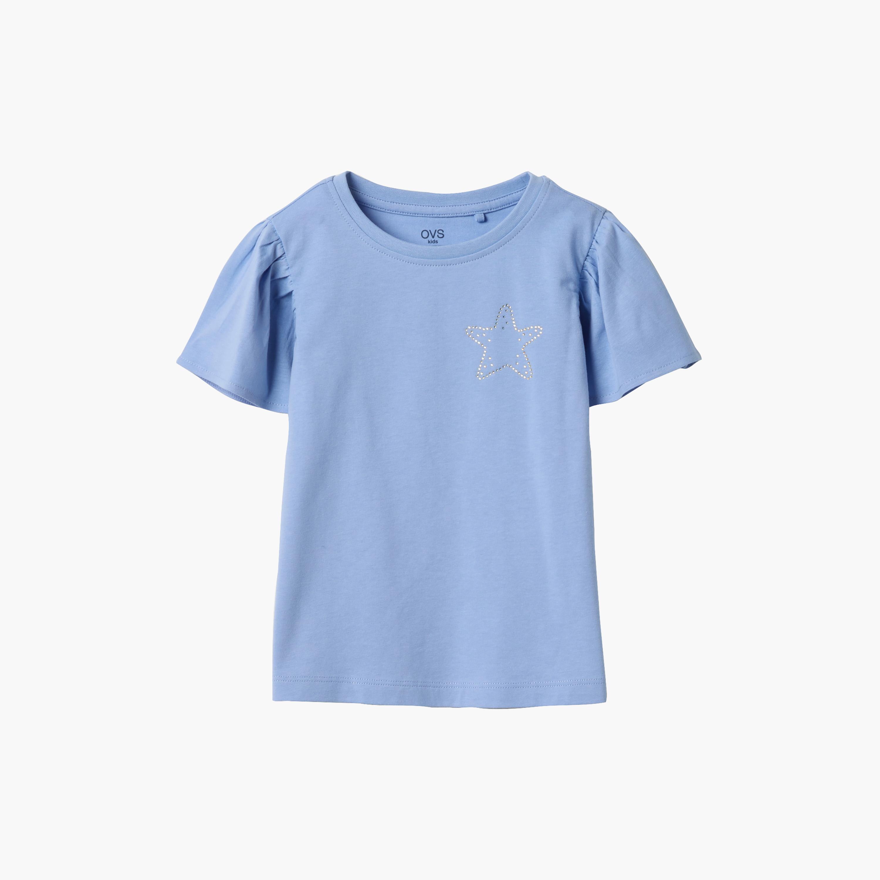 OVS Star Embellished Short Ruched Sleeves Cotton Top-girls-clothing-blousesandshirts-image-1