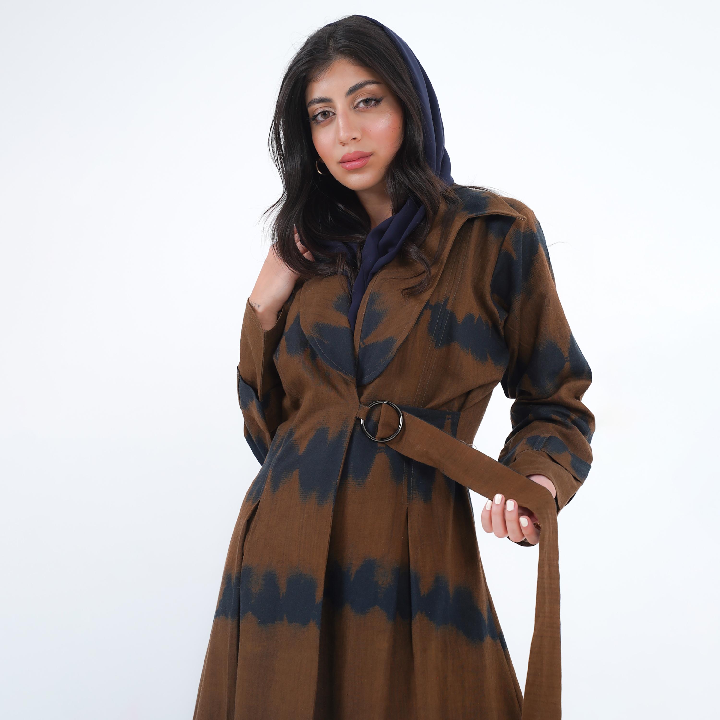 Gheed Brown & Blue Tie & Dye Lapel Collared Loop Cuff Sleeves Linen Women's Belted Abaya with Hijab-women-arabicclothing-abayas-image-1