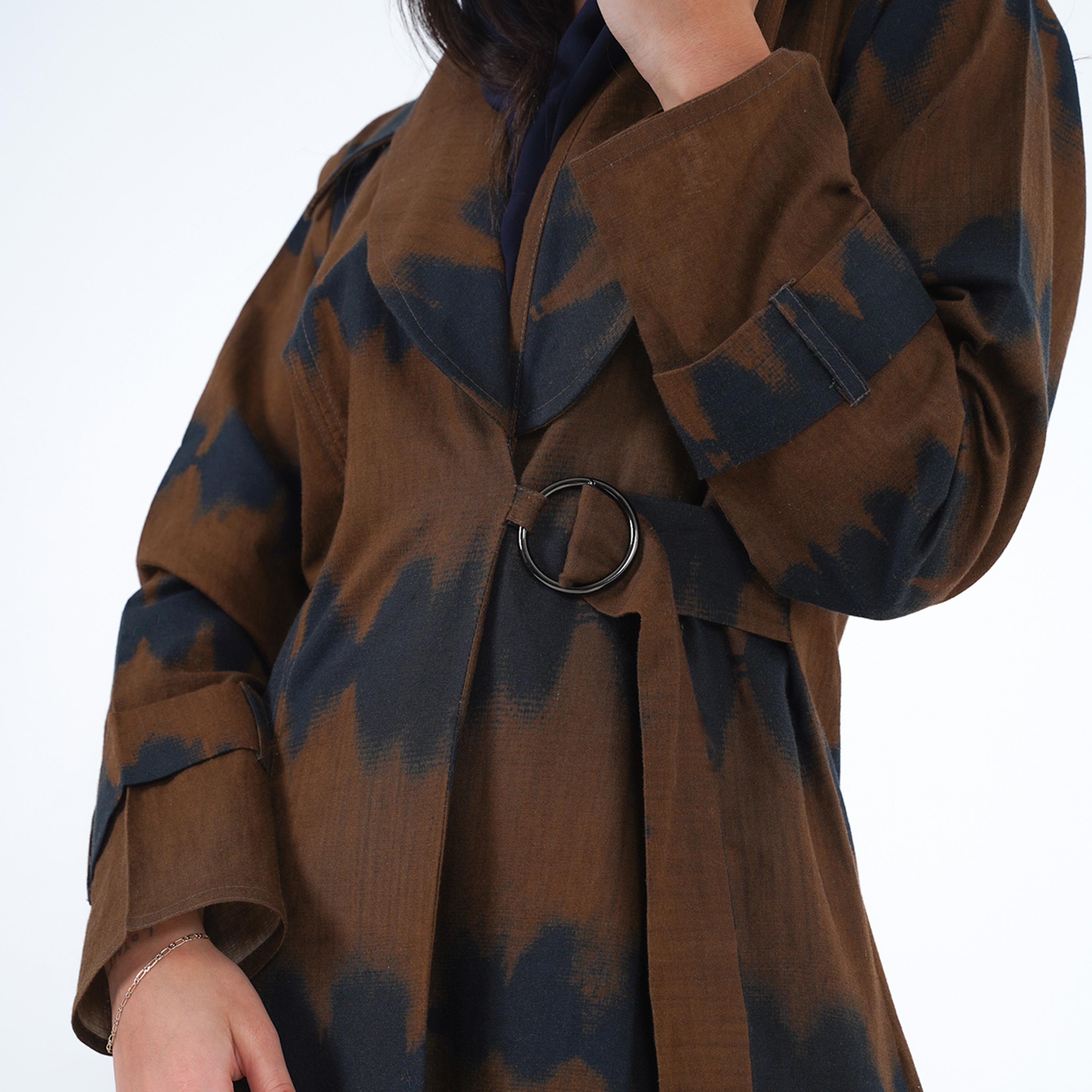 Gheed Brown & Blue Tie & Dye Lapel Collared Loop Cuff Sleeves Linen Women's Belted Abaya with Hijab-women-arabicclothing-abayas-image-2
