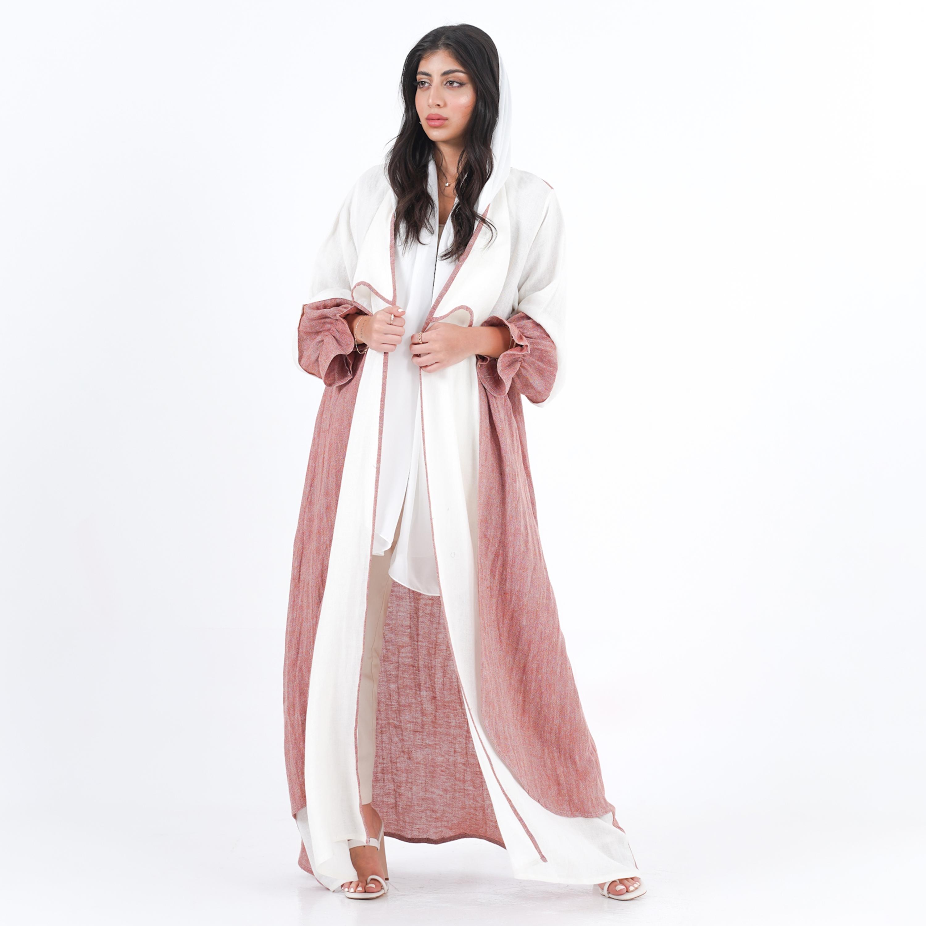 Gheed White and Pink Colourblock Open Front Neck Balloon Sleeves Linen Women's Abaya with Hijab-women-arabicclothing-abayas-image-1