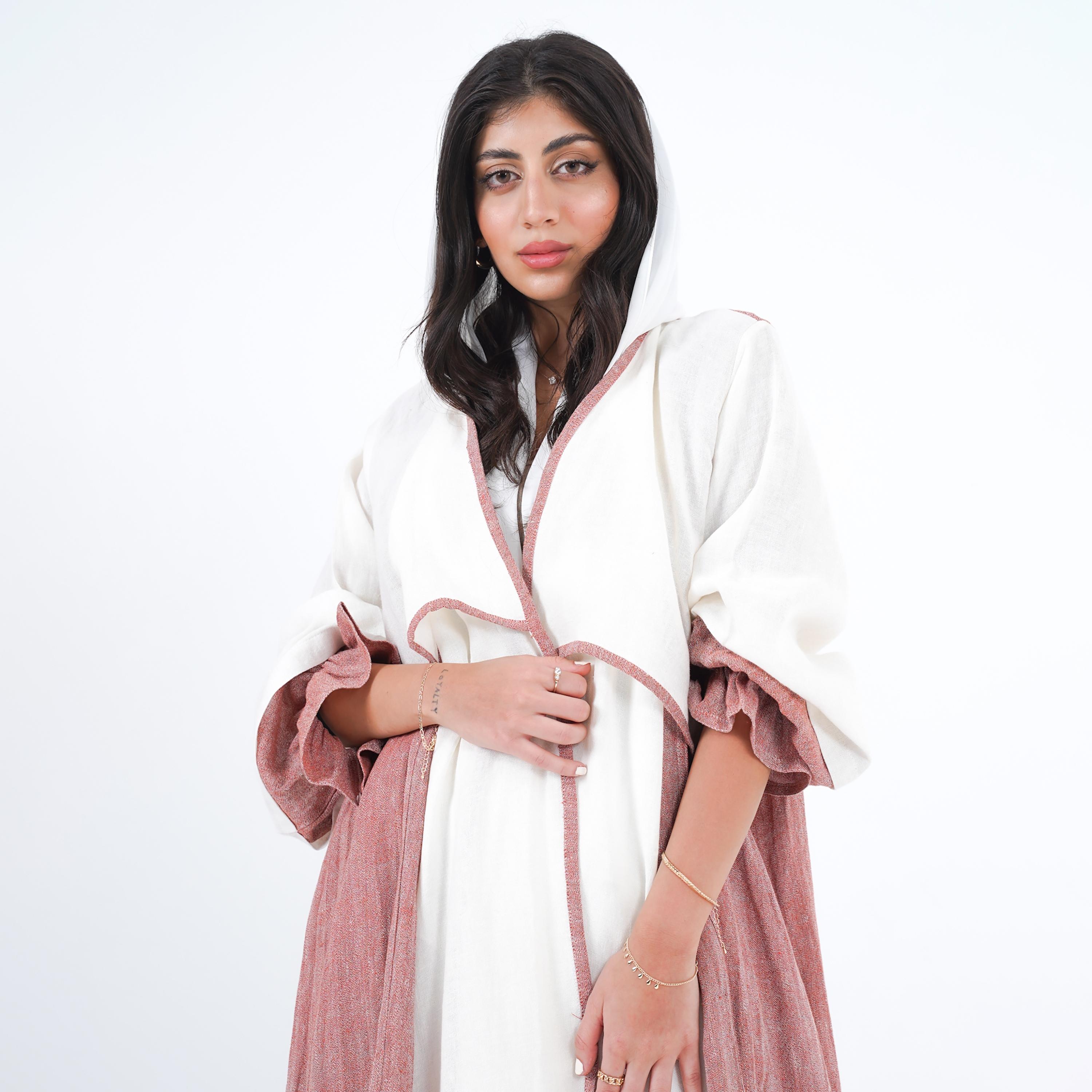 Gheed White and Pink Colourblock Open Front Neck Balloon Sleeves Linen Women's Abaya with Hijab-women-arabicclothing-abayas-image-2