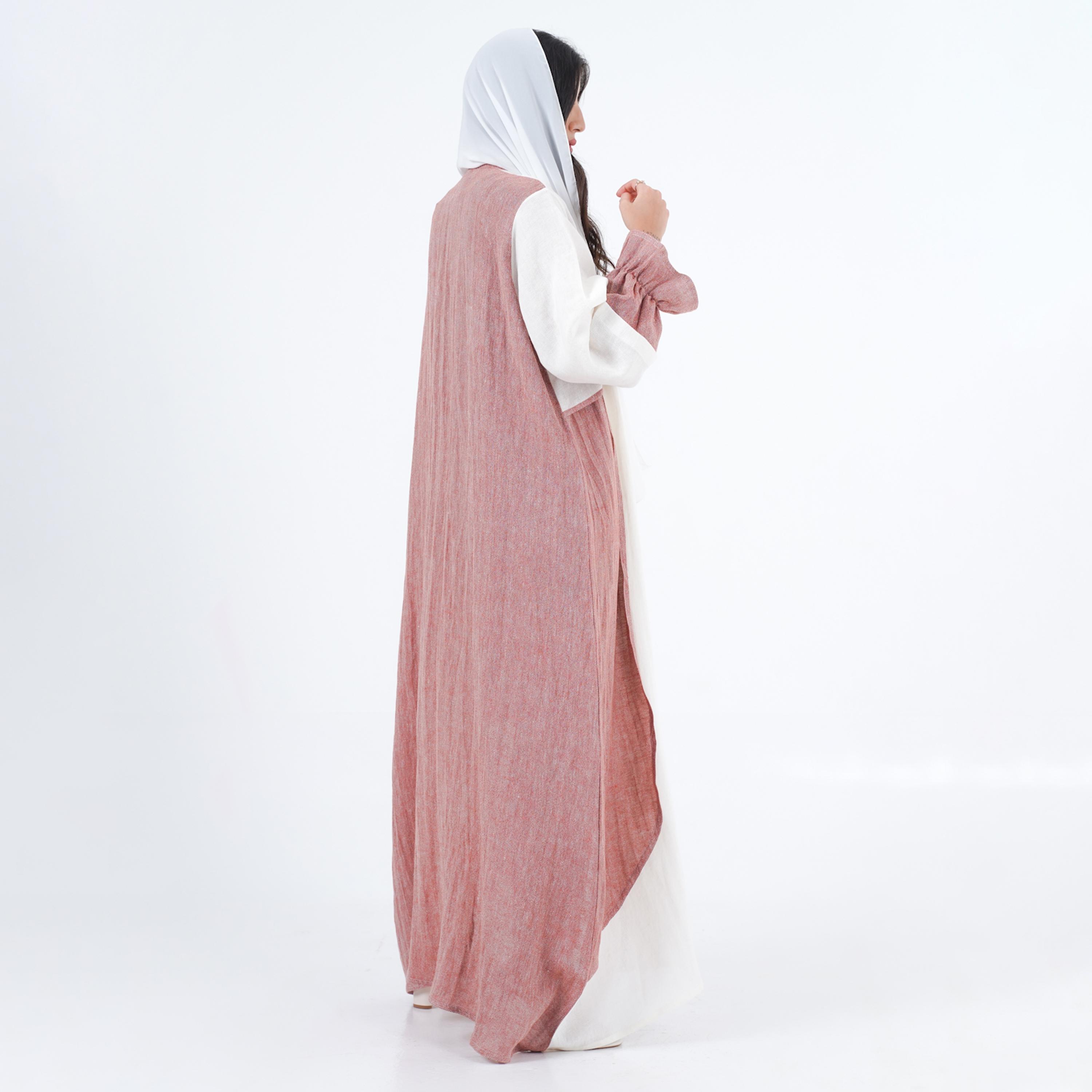 Gheed White and Pink Colourblock Open Front Neck Balloon Sleeves Linen Women's Abaya with Hijab-women-arabicclothing-abayas-image-4