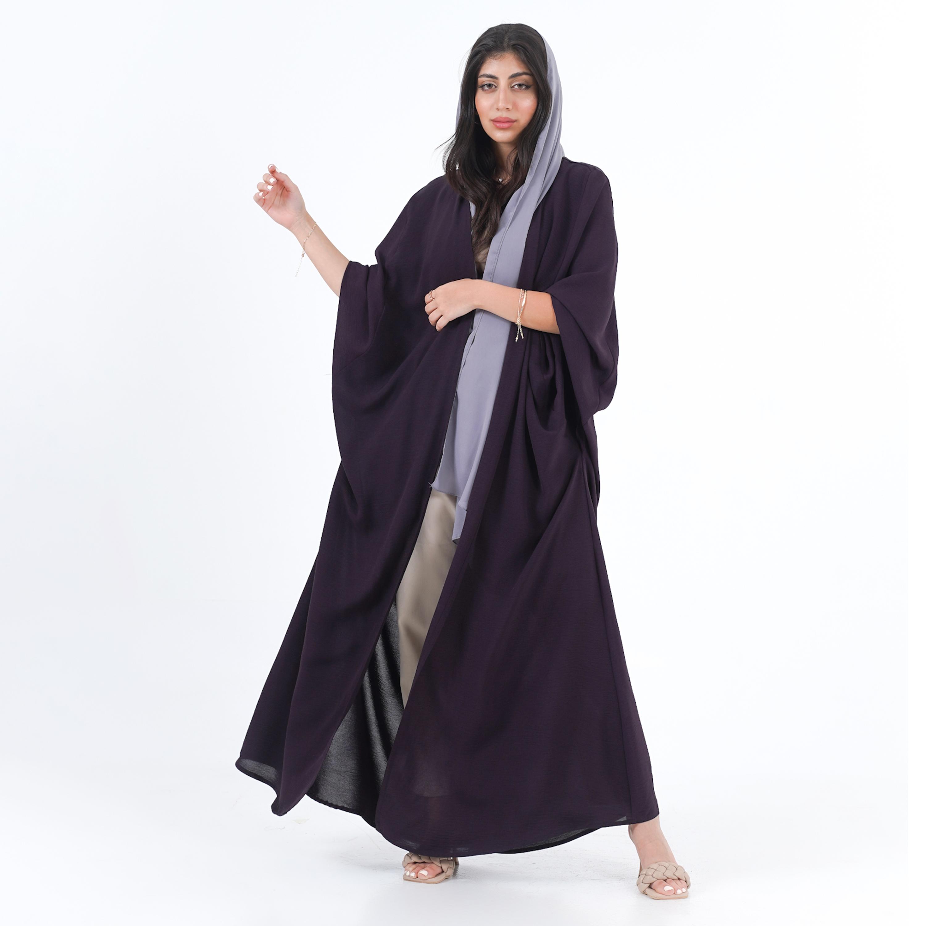 Gheed Textured Open Front Neck Batwing Sleeves Soft Crepe Women's Abaya with Hijab-women-arabicclothing-abayas-image-1