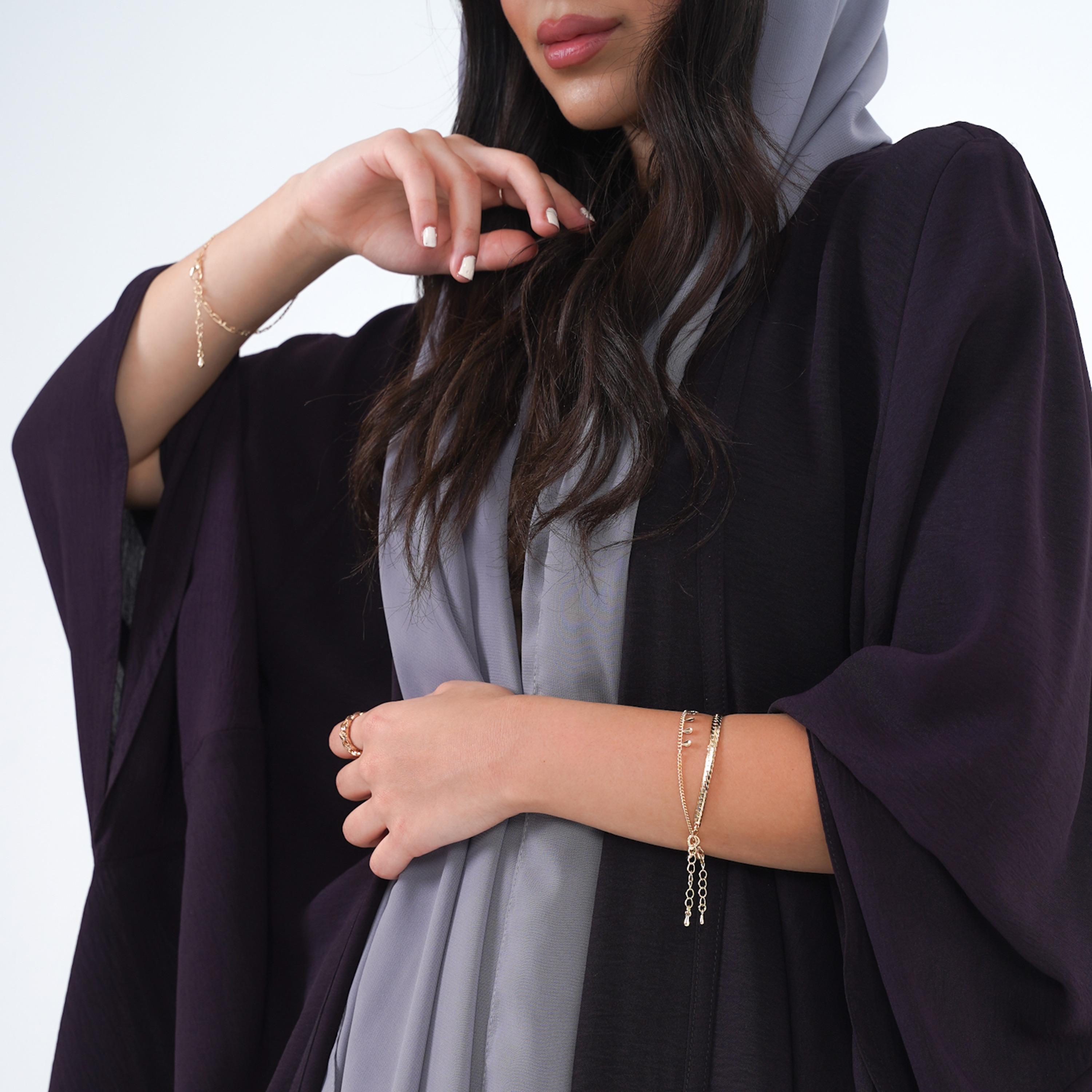 Gheed Textured Open Front Neck Batwing Sleeves Soft Crepe Women's Abaya with Hijab-women-arabicclothing-abayas-image-2