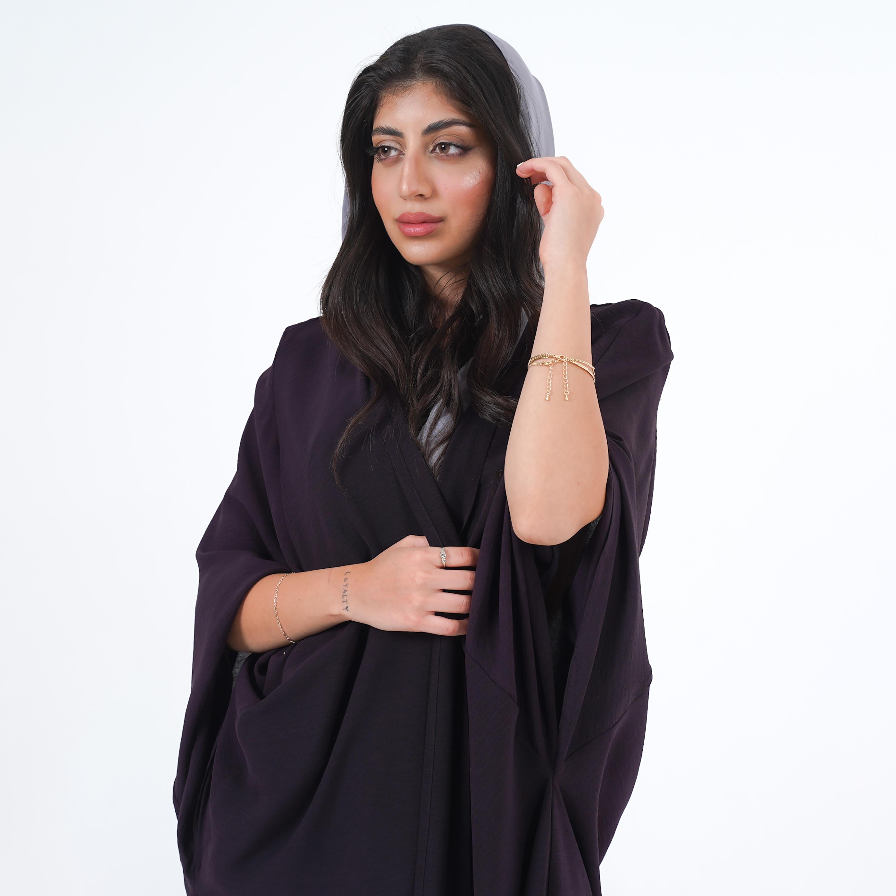 Gheed Textured Open Front Neck Batwing Sleeves Soft Crepe Women's Abaya with Hijab-women-arabicclothing-abayas-image-3
