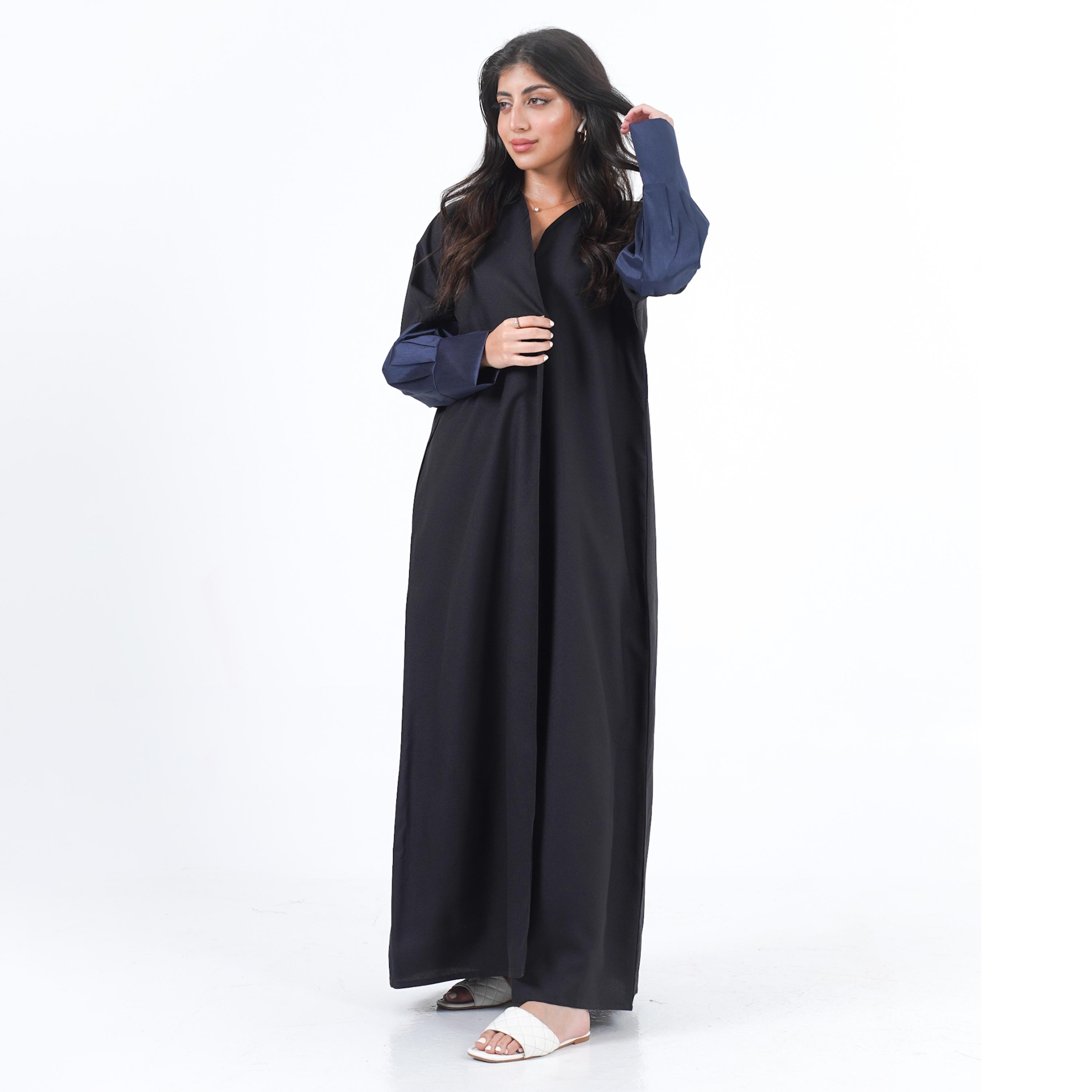 Gheed Open Front Neck Pleated Cuff Sleeves Crepe Women's Abaya with Hijab-women-arabicclothing-abayas-image-1