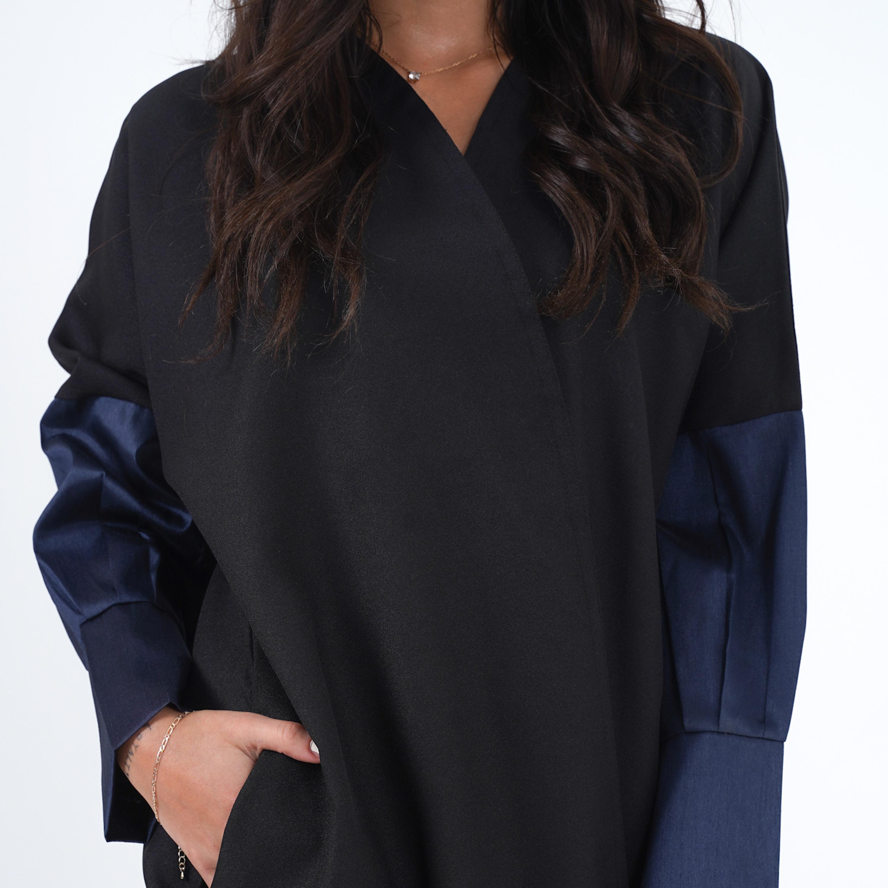 Gheed Open Front Neck Pleated Cuff Sleeves Crepe Women's Abaya with Hijab-women-arabicclothing-abayas-image-3