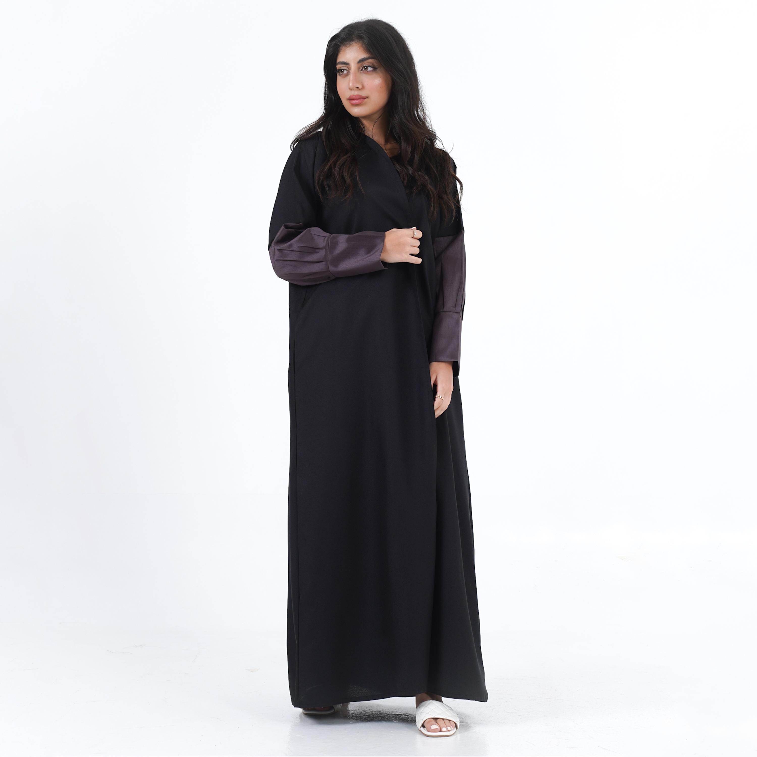 Gheed Purple Open Front Neck Pleated Cuff Sleeves Crepe Women's Abaya with Hijab-women-arabicclothing-abayas-image-1