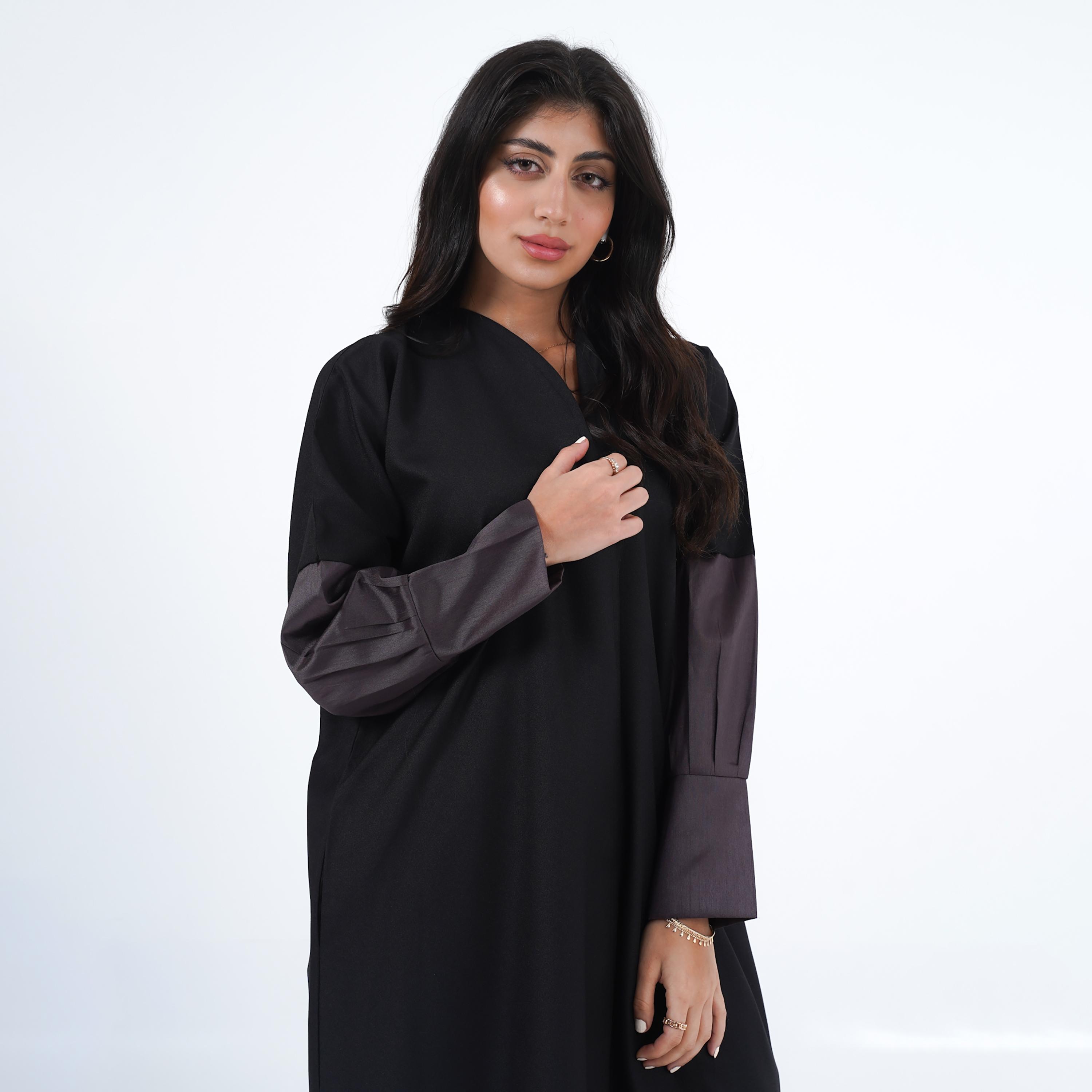 Gheed Purple Open Front Neck Pleated Cuff Sleeves Crepe Women's Abaya with Hijab-women-arabicclothing-abayas-image-2