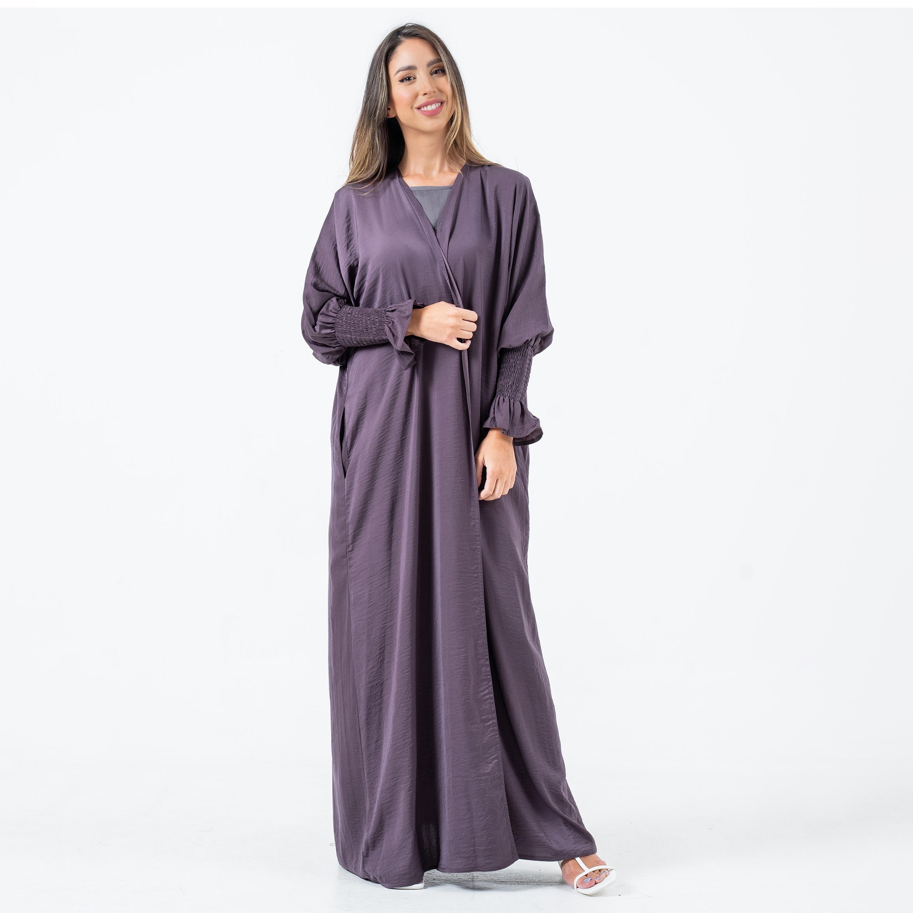 Gheed Mauve Textured Open-Front Smocked Cuff Bishop Sleeves Washed Silk Women's Abaya with Hijab-women-arabicclothing-abayas-image-1