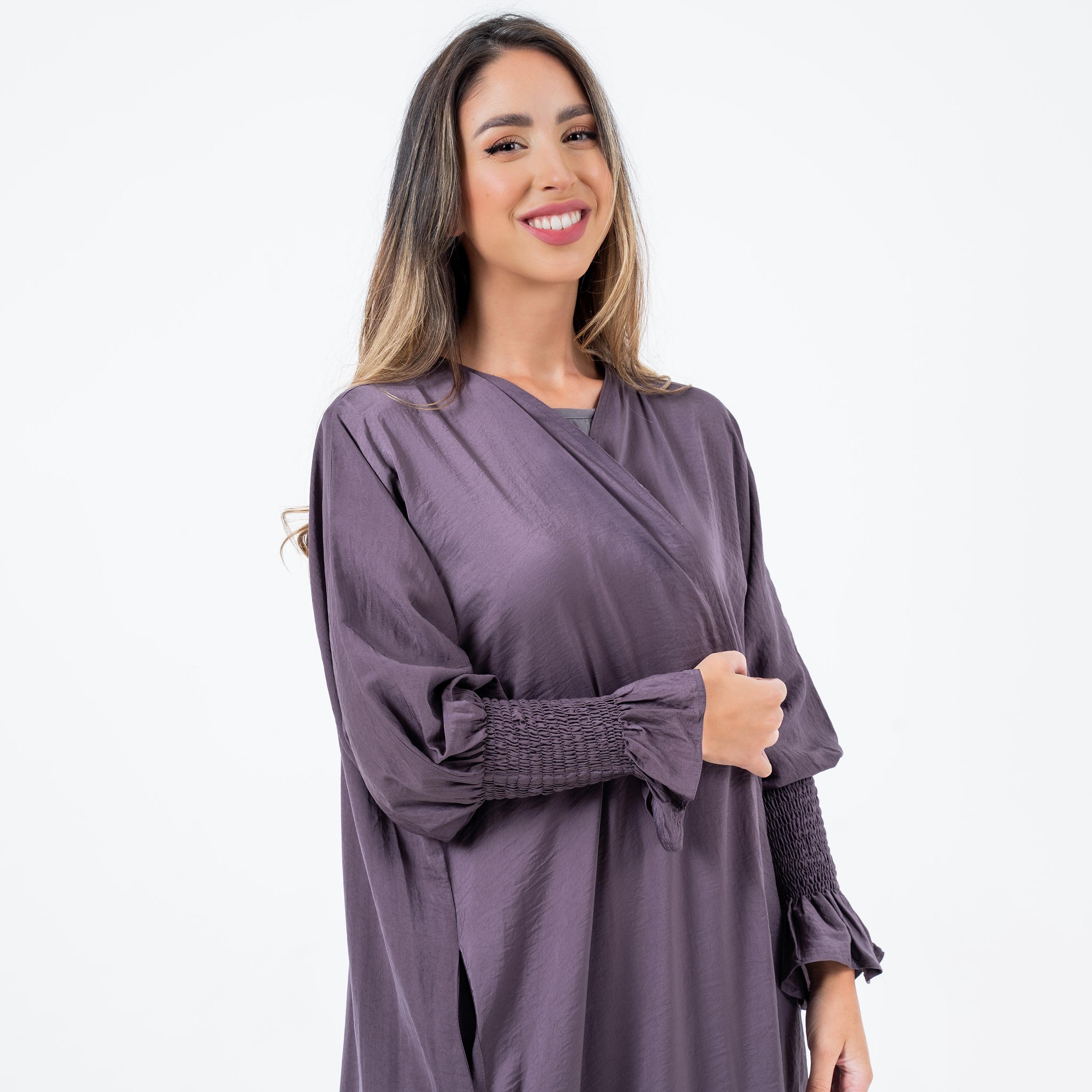 Gheed Mauve Textured Open-Front Smocked Cuff Bishop Sleeves Washed Silk Women's Abaya with Hijab-women-arabicclothing-abayas-image-2