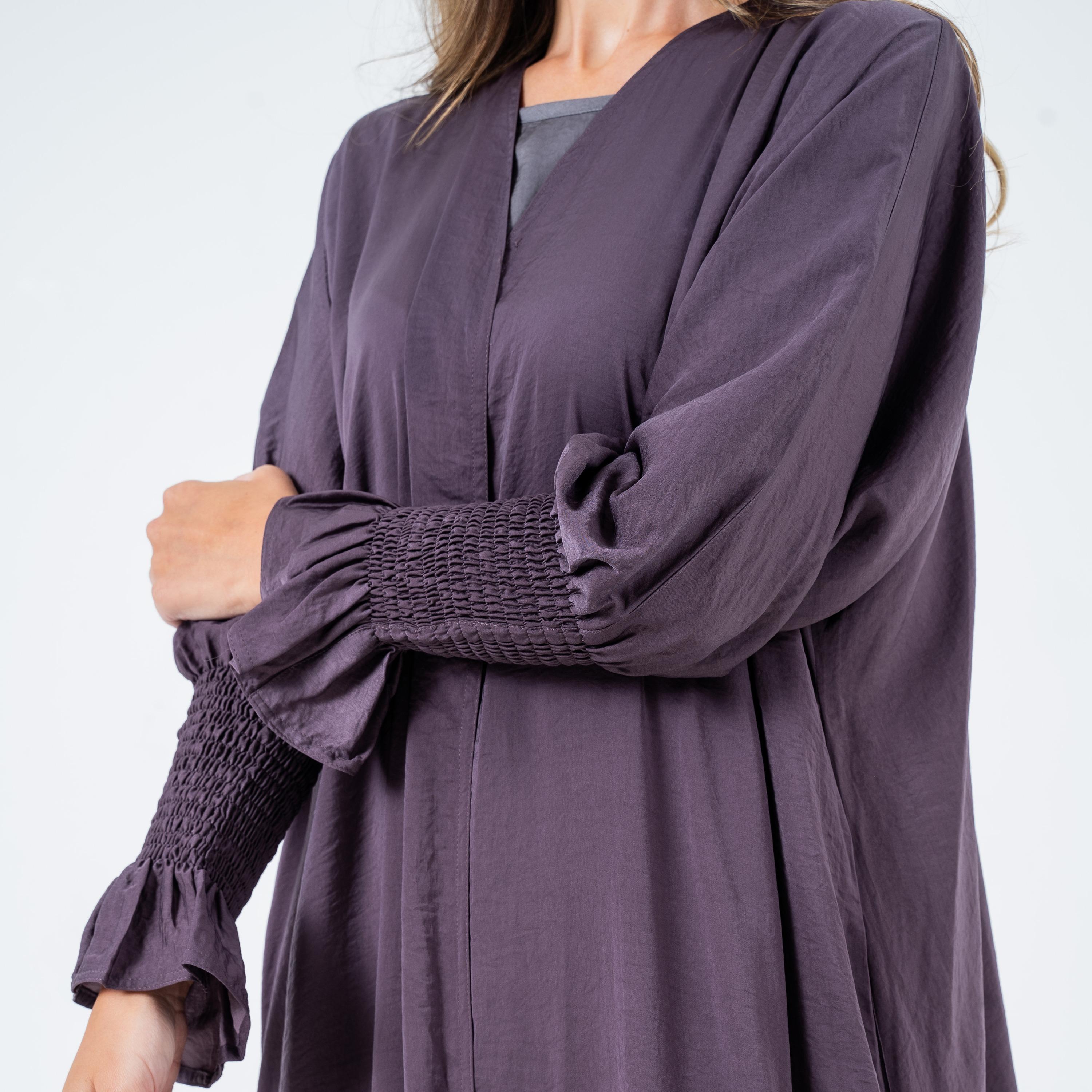 Gheed Mauve Textured Open-Front Smocked Cuff Bishop Sleeves Washed Silk Women's Abaya with Hijab-women-arabicclothing-abayas-image-3