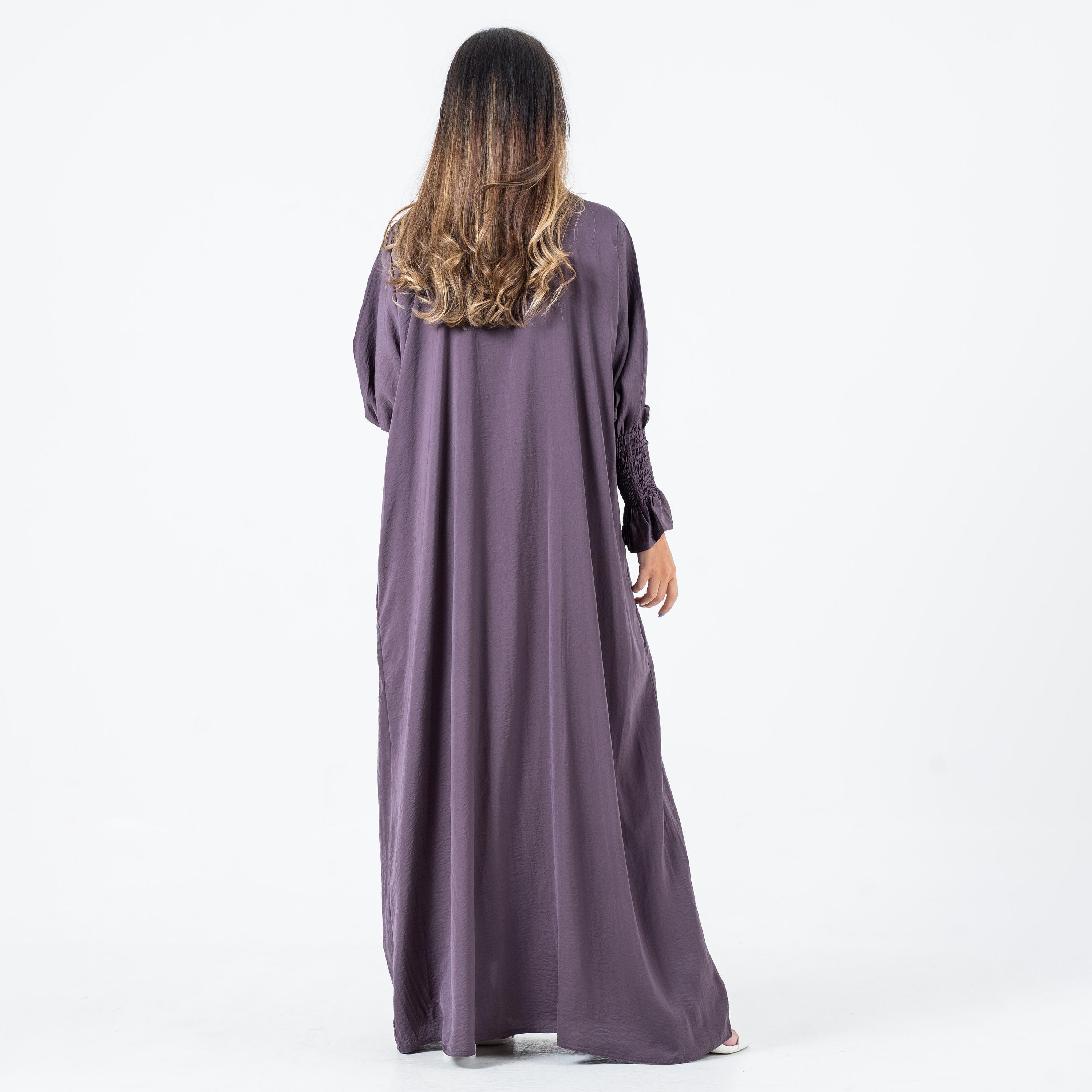 Gheed Mauve Textured Open-Front Smocked Cuff Bishop Sleeves Washed Silk Women's Abaya with Hijab-women-arabicclothing-abayas-image-4