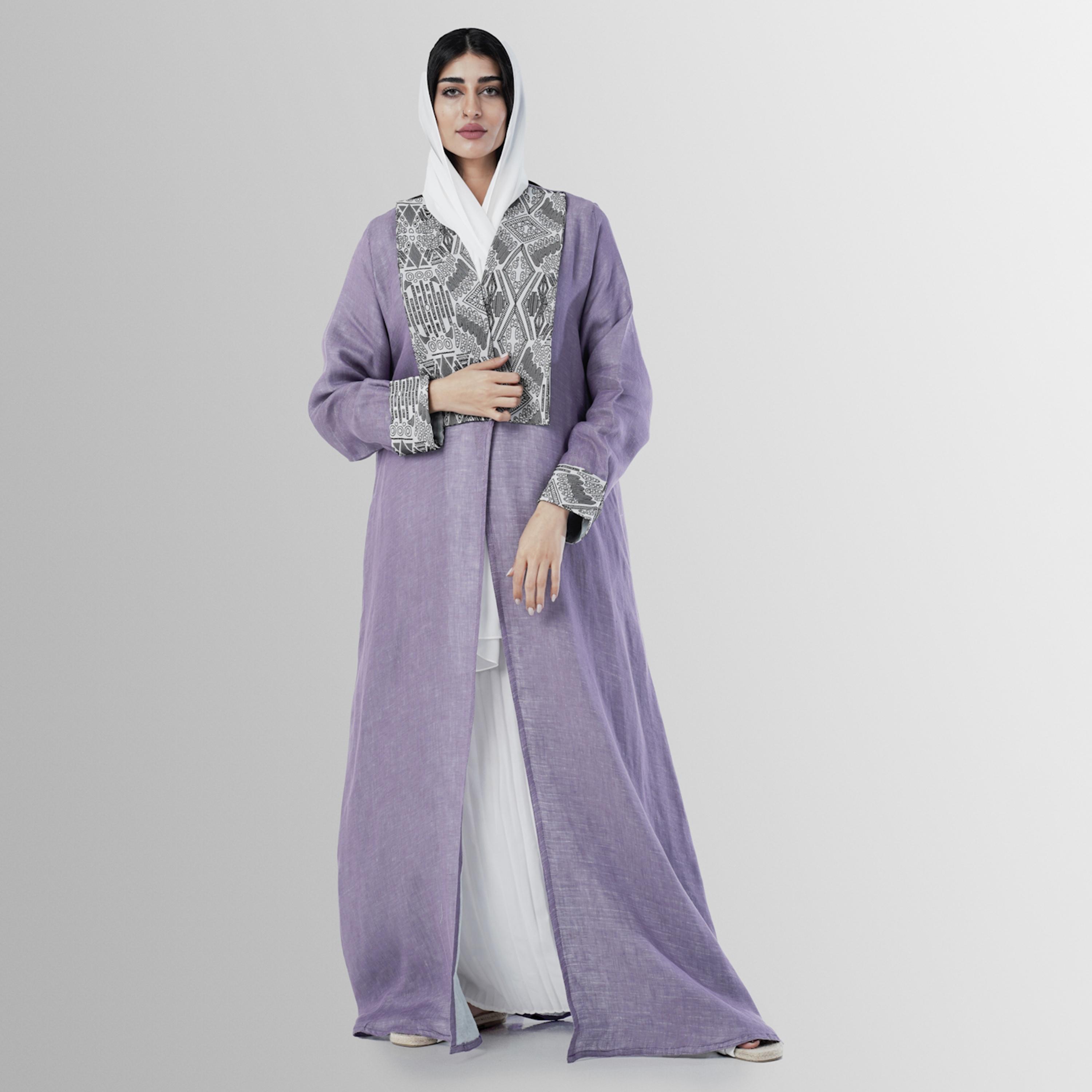 Gheed Mauve Geometric Print Lapel Collared Cuff Sleeves Linen Women's Abaya with Hijab-women-arabicclothing-abayas-image-1