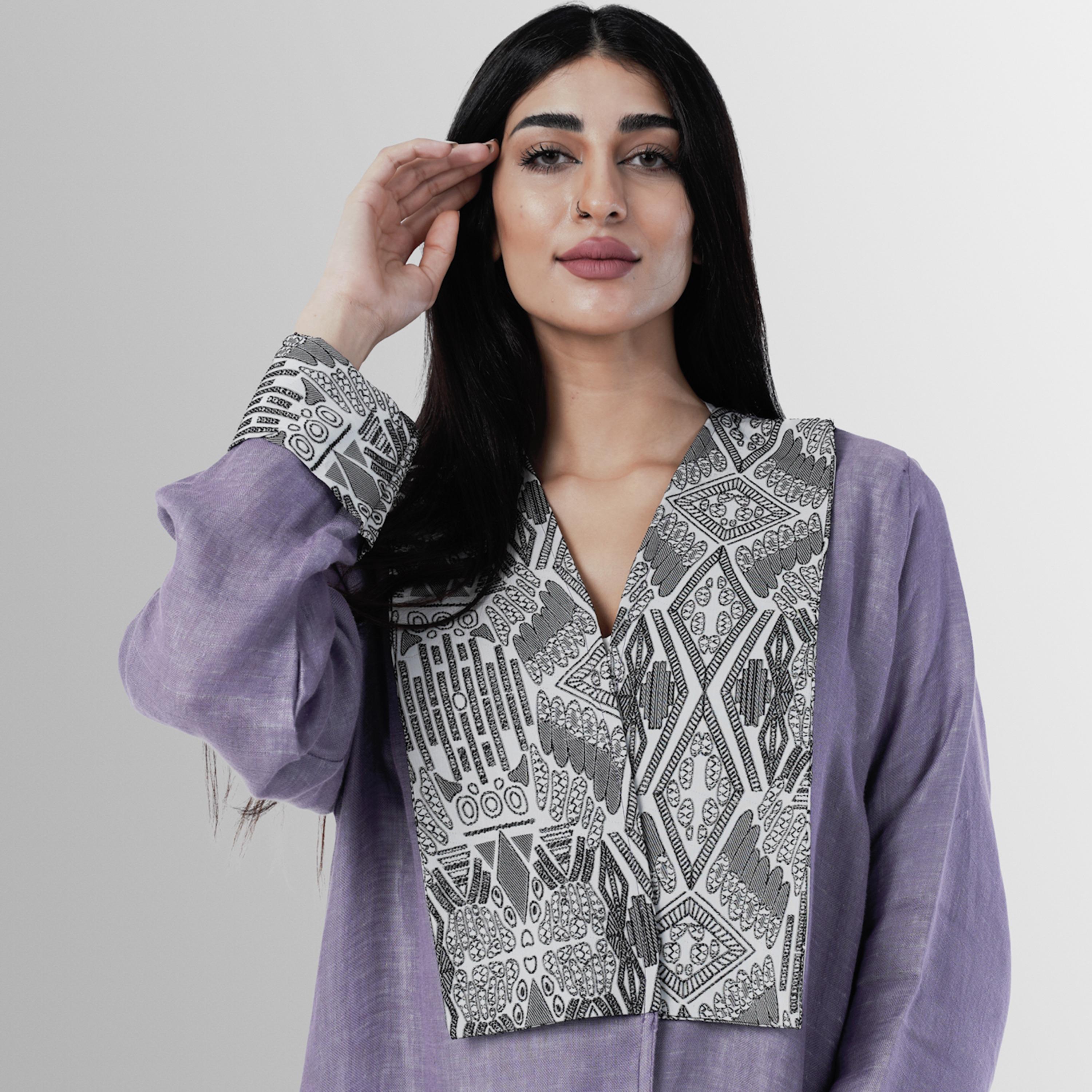 Gheed Mauve Geometric Print Lapel Collared Cuff Sleeves Linen Women's Abaya with Hijab-women-arabicclothing-abayas-image-2