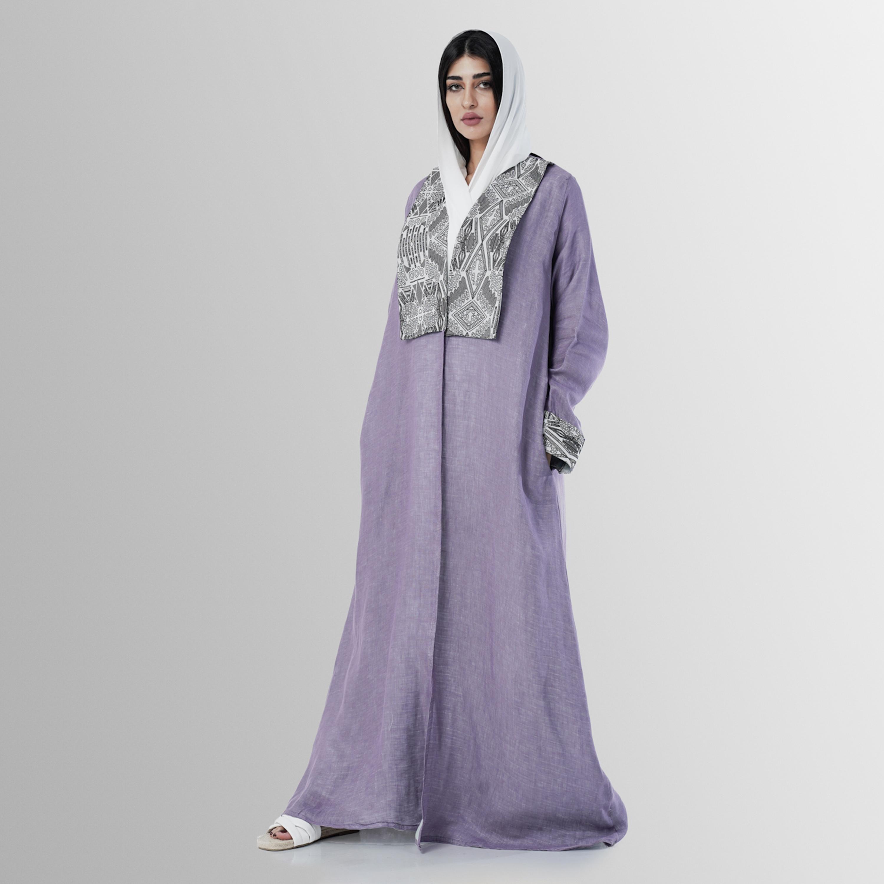 Gheed Mauve Geometric Print Lapel Collared Cuff Sleeves Linen Women's Abaya with Hijab-women-arabicclothing-abayas-image-4