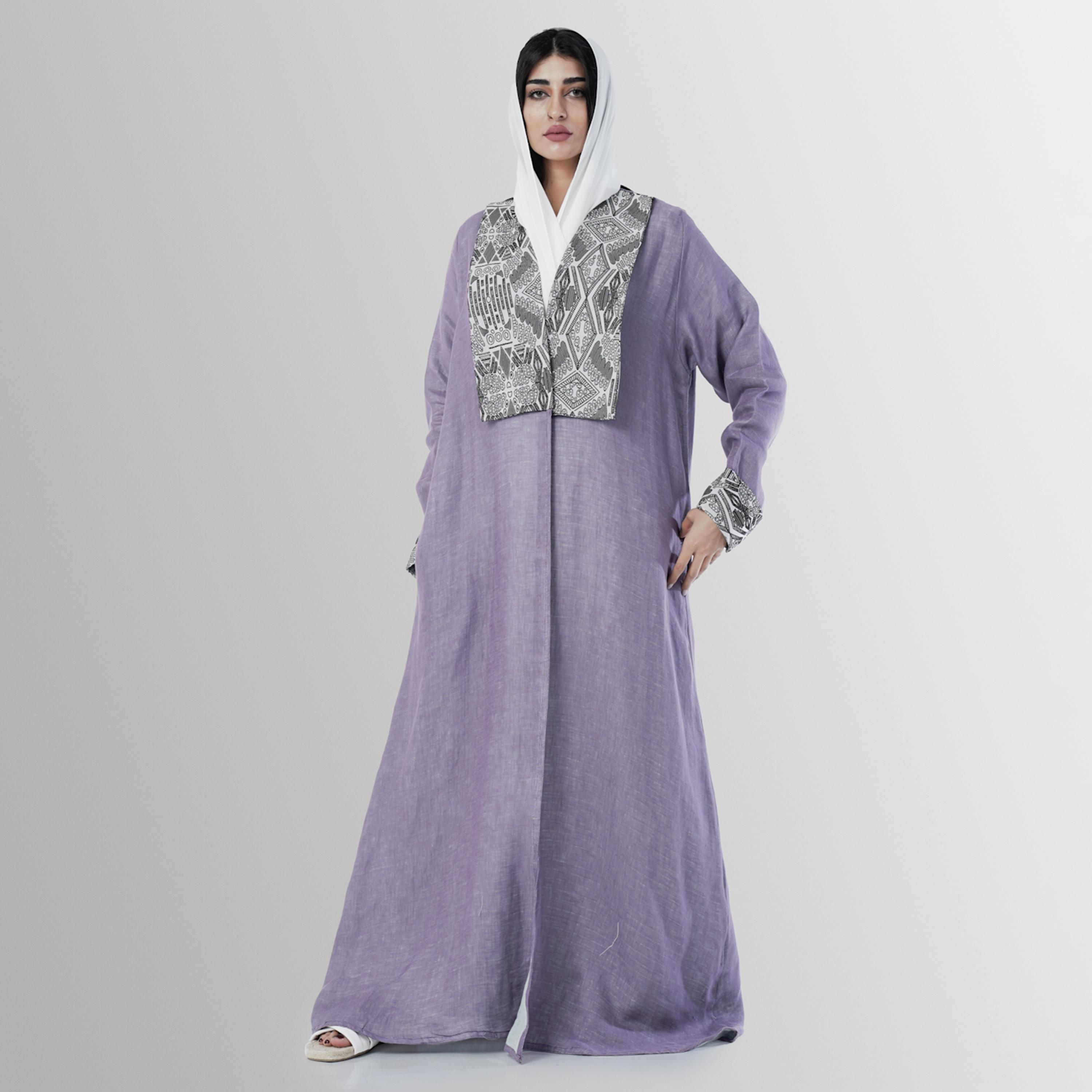 Gheed Mauve Geometric Print Lapel Collared Cuff Sleeves Linen Women's Abaya with Hijab-women-arabicclothing-abayas-image-5