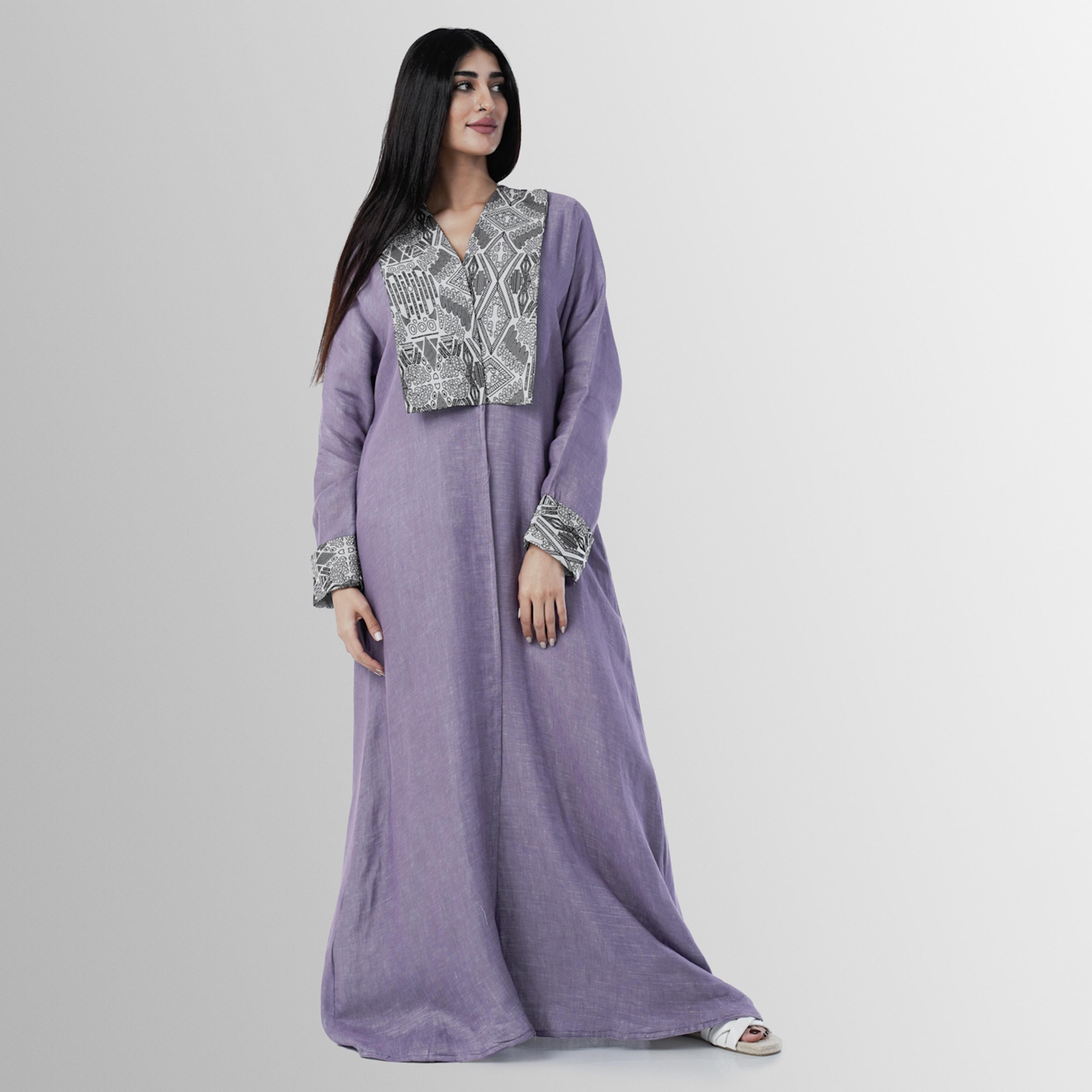 Gheed Mauve Geometric Print Lapel Collared Cuff Sleeves Linen Women's Abaya with Hijab-women-arabicclothing-abayas-image-6
