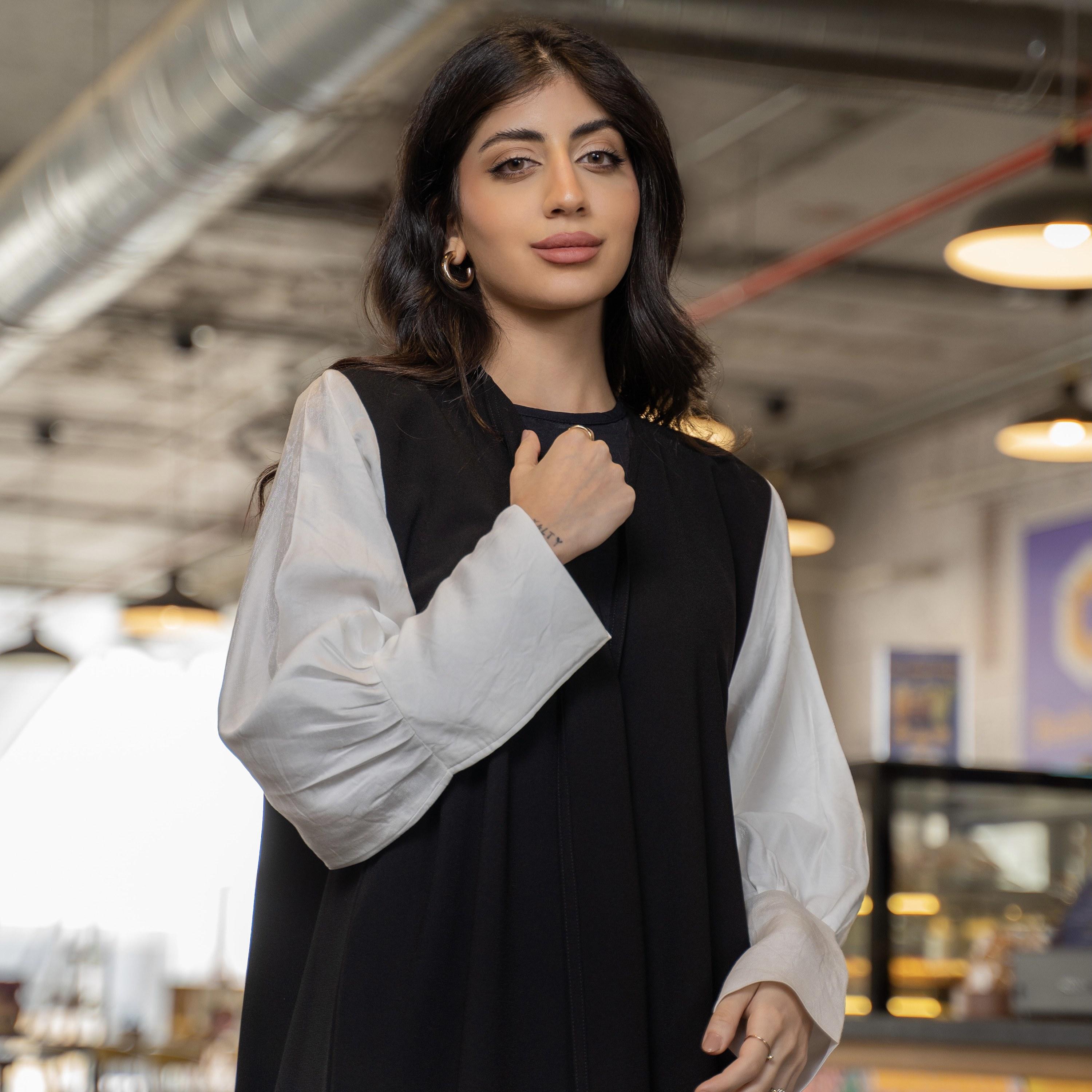 Gheed Black and White Open Front Neck Bishop Button Cuff Sleeves Linen Women's Abaya with Hijab-women-arabicclothing-abayas-image-1
