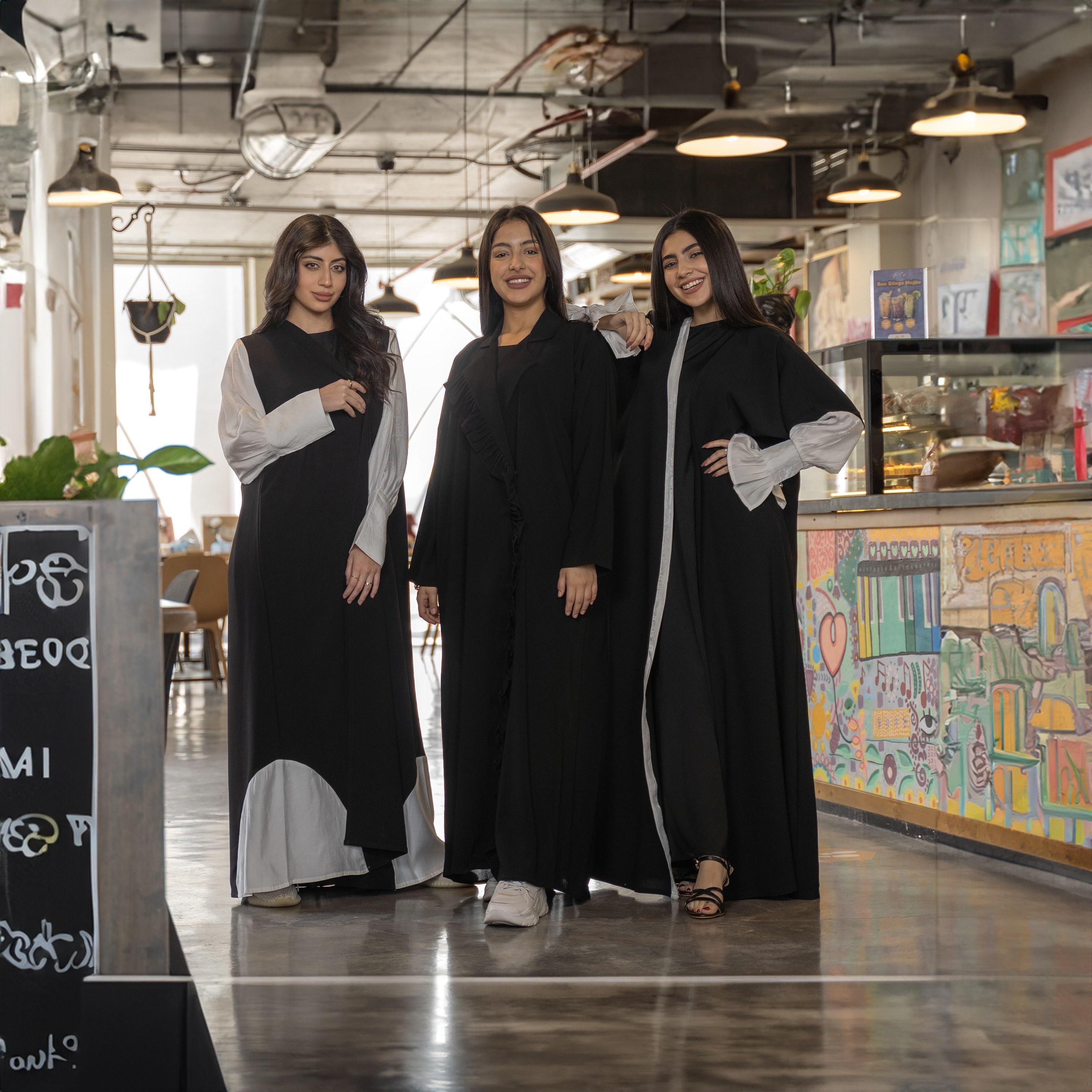 Gheed Black and White Open Front Neck Bishop Button Cuff Sleeves Linen Women's Abaya with Hijab-women-arabicclothing-abayas-image-2