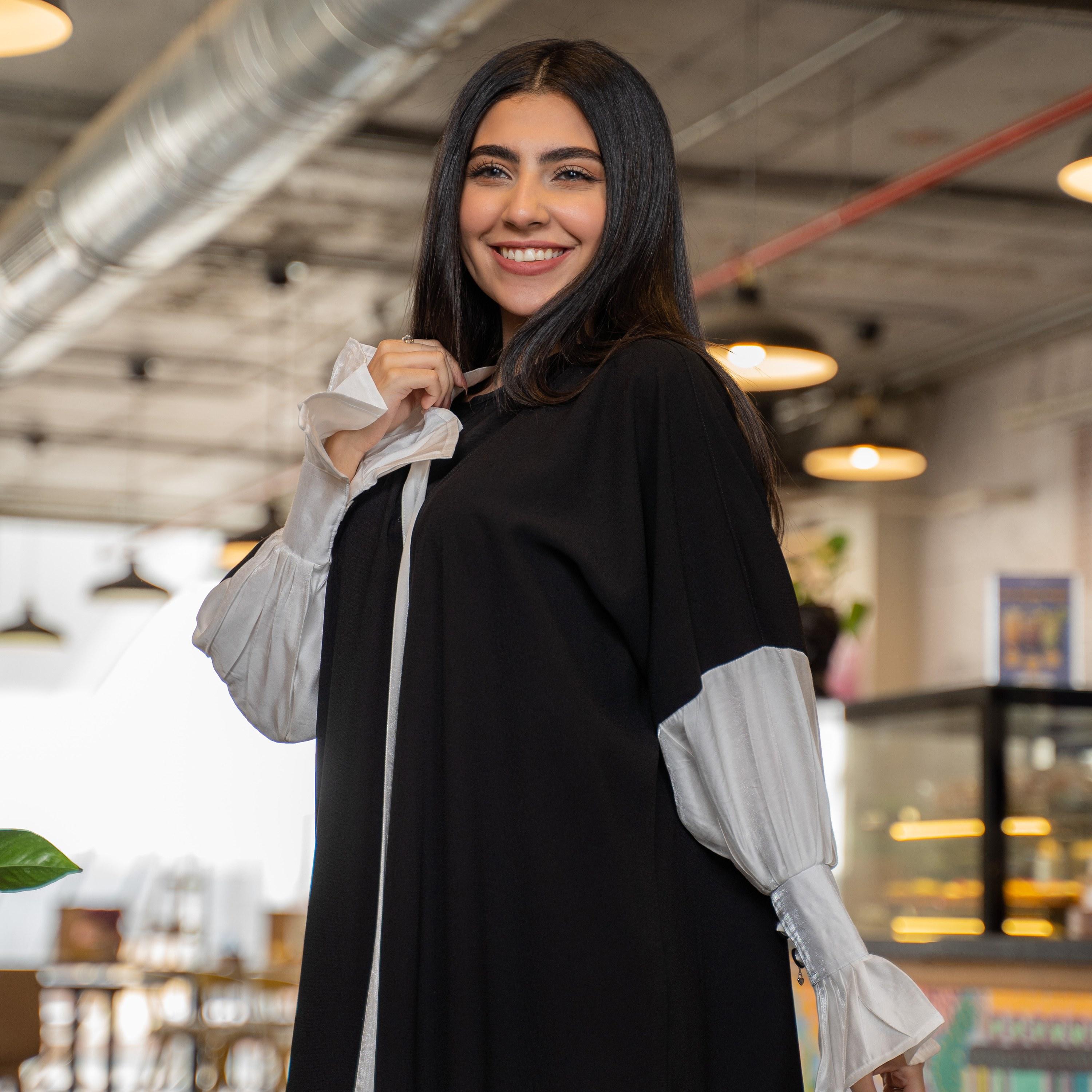 Gheed Black and White Open Front Neck Bishop Button Cuff Sleeves Linen Women's Abaya with Hijab-women-arabicclothing-abayas-image-3
