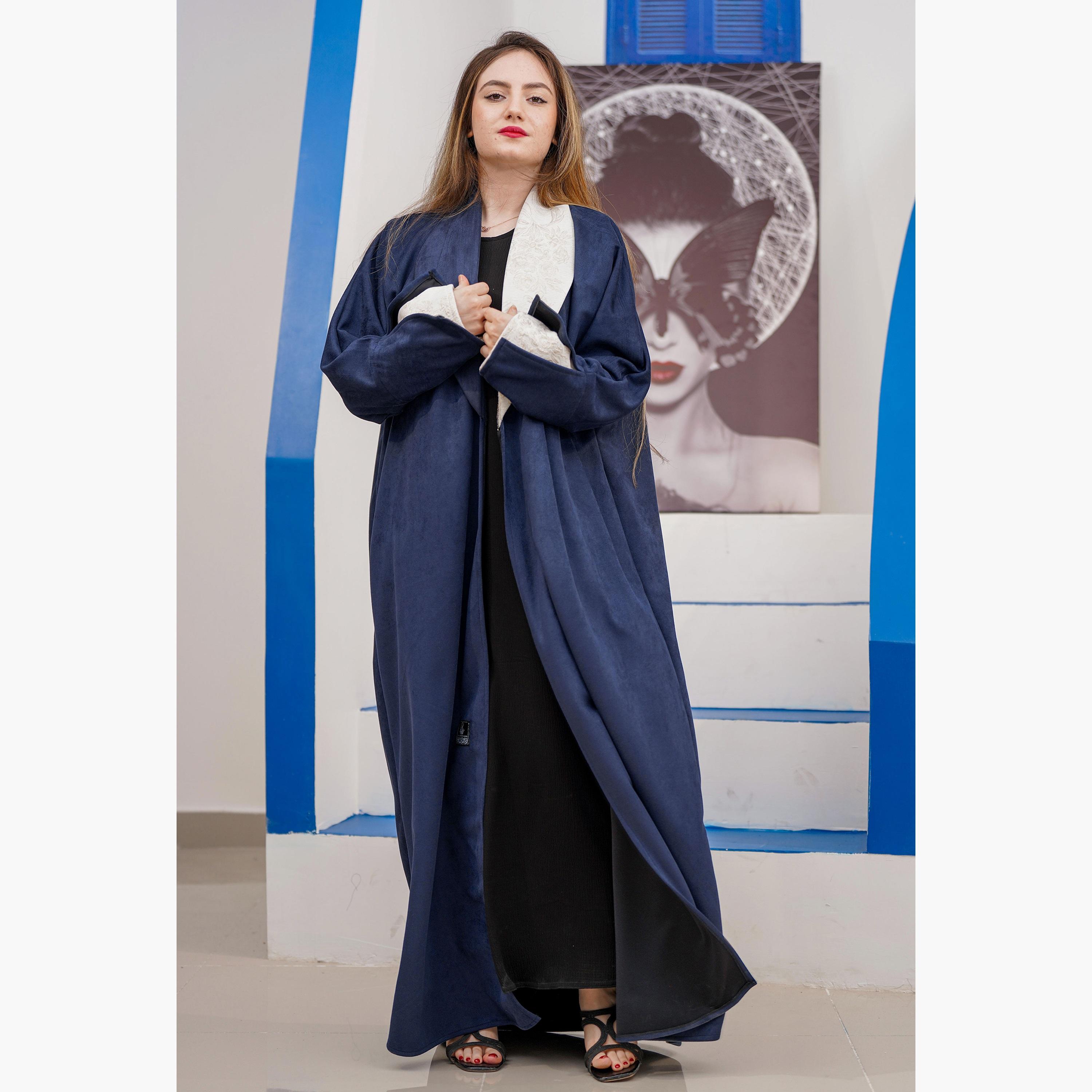 Zahiyh Navy Blue Contrast Lapel Collar Slit Cuff Sleeves Women's Abaya-women-arabicclothing-abayas-image-1