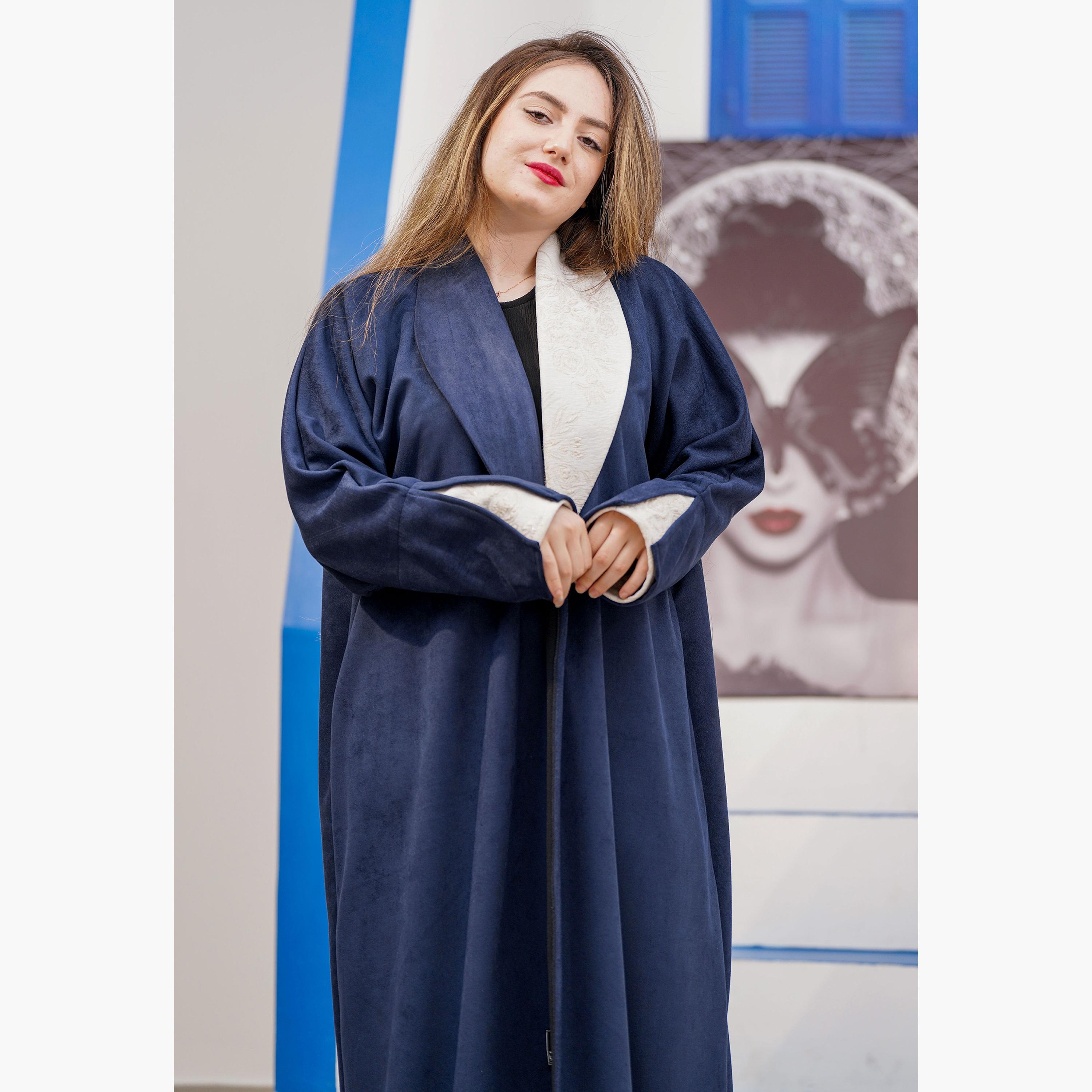 Zahiyh Navy Blue Contrast Lapel Collar Slit Cuff Sleeves Women's Abaya-women-arabicclothing-abayas-image-2