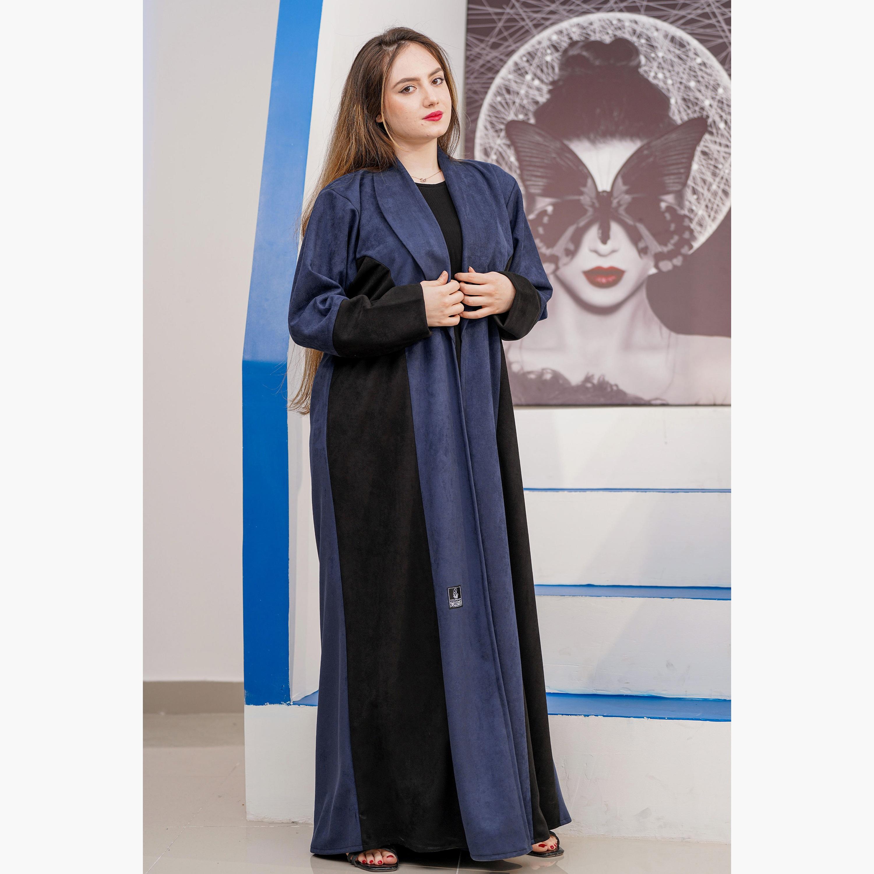 عباية نسائية كحلية وسوداء بياقة طية السترة متباينة اللون بأكمام متباينة اللون من زاهية-women-arabicclothing-abayas-image-1
